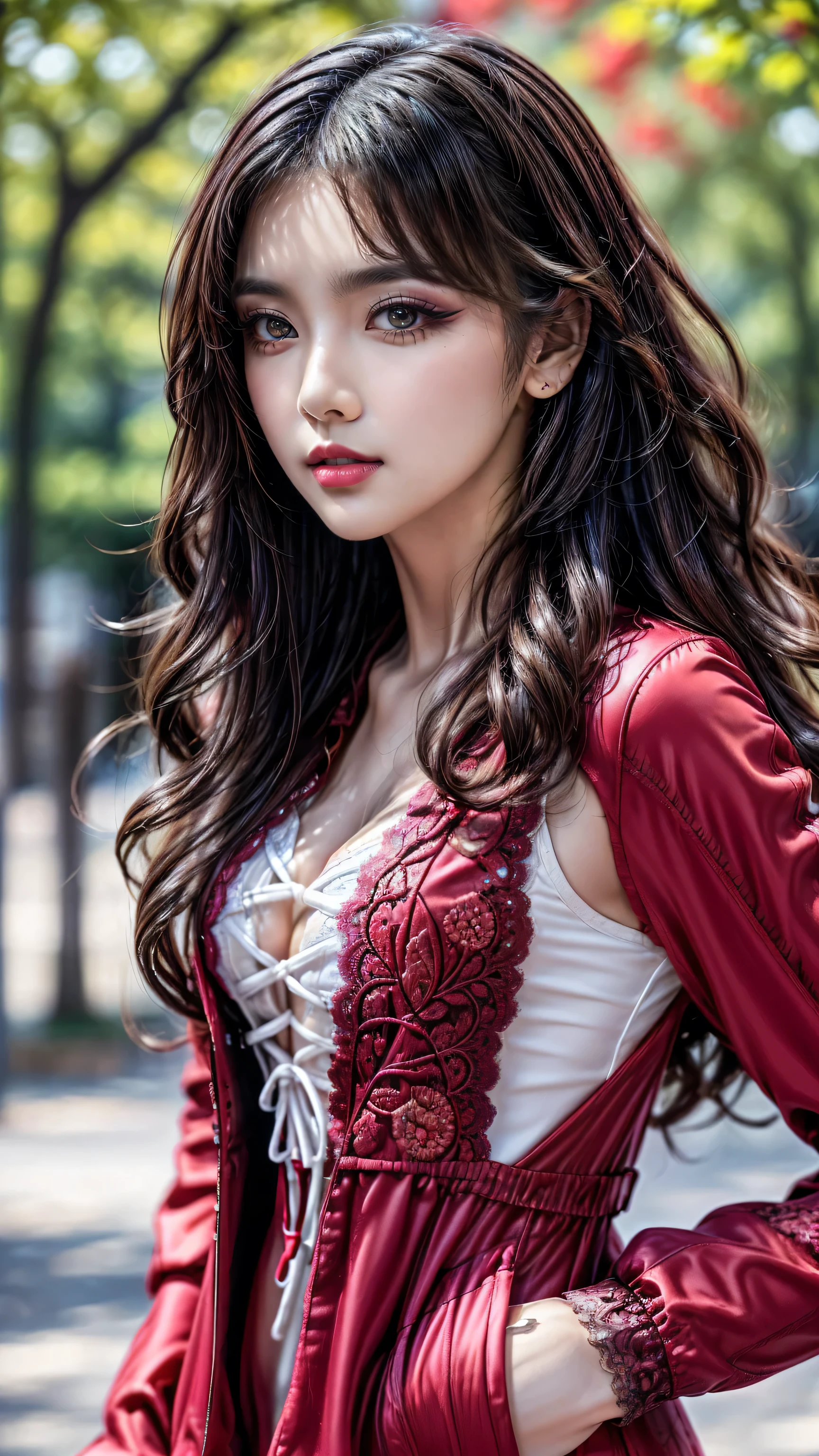 Quality\Realistic,(hyper-photorealistic Realism),(high resolution),((ultra extreme detailed digital art)),hyper-real texture skin,ultra-real texture hair,hyper-realisitic,hyper-quality,(professional photography,golden ratio\), BREAK ,Famale\solo,1woman:1.4,20yo,(spectacular photo of a Chinese woman:1.35),(Super beautiful),(vivid and colorful),(black hair,(curly waves),intricately detailed:1.25),The attention to detail,focus of girl,dynamic pose,sexy and seductive,flirty smile,dslr,high quality split lighting,sharp focus captured by Fujifilm XT3,f 5.6,in a dramatic lighting,(perfect composition\),Skin\(white,pale,smooth,silky,shiny\),Eyes\(sharp focus,Ultra resolution,absurd quality,clearly visible ultra details,no blurry,perfect round realistic brown_eyes:1.35),(extremely fine details eyes),((close up of a woman's eyes:1.2)),(perfect round eyes:1.4),(finely detailed pupils,(extremely fine details of pupils:1.3)),(extremely fine details of iris:1.3),((Vibrant eye digital art:delicately painted in mesmerizing array of colors)\),detailed lips:1.3,pink_makeup:1.3,(long_blue_eyeliner:1.17),(glossy red_lipstick:1.3),(perfect dark_eyeshadows:1.45),(super detailed professional makeup on eyes:1.25),(highly elaborate extravagant microscopic street outfit:1.22),(minimalist provocative styling:1.23\),((Insanely detailed red((cut jacket cute)) wear:1.24)),BREAK,(long white-black lace dress(lace-up dress with Intricately detailed:1.3)),(random u%u top:1.25), BREAK ,background\((walking in the park:1.3)),detailed facial features,Sharp focus,Smooth,beautiful,best photo,((best shadows)),(ray tracing),(((photo from head to knee))),(Proportions are based on a 7.5 head scale).