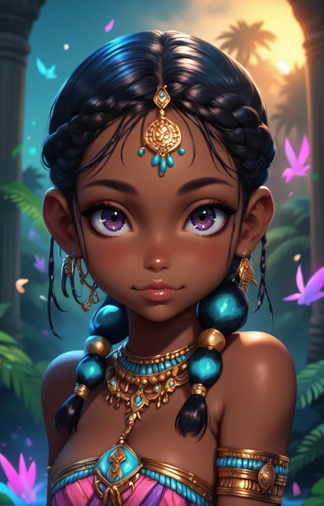 little  tribal,(((110 cm tall girl,little ,small tiny body,petite,chibi,small,Skinny body,,tiny))),(((s girl,s girl))),(((1 toddler:1.4))),(baby face,round face,big forhead:1.2,beautiful big eyes:1.3),extremely detailed cute anime face,

(((flat chest))),((((long twin braids,tight braids,long braid,braided hair,long hime cut,dark hair,black hair,colored inner hair)))),(((purple_eyes:1.3))),intricate eyes,beautiful detailed eyes,symmetrical eyes,(big eyes:1.5),((((lustrous skin:1.5,tanned skin,bright skin: 1.5,skin tanned,shiny skin,very shiny skin,shiny body,glossy skin,wet look skin,oily sheen,reflective skin,glistening skin)))),(((detailed face))),

(cute,kawaii,(nsfw)),🦄,🌈,

no top,no bra,loincloth with no panties,tatters,tribal,barefoot,bare arms,exposed belly button,necklace,((pink loincloth,wet loincloth,intricate loincloth)),

dynamic pose,looking at viewer,centered,scale to fit dimensions,Rule of thirds,cowboy shot,

((beautiful bath house made of greek marble and pillars, beautiful clear water in pool)),scenery:1.25,((intricate scenery)),((greek temple background)),outdoors,overgrown,(overgrown background,glowing crystals,bioluminescent plant),extremely scenery,(((glowing crystals,bioluminescent plants))),(puddles everywhere,moss,moss on the background),clouds,lily pads,palms,reeds,(sunset, golden hour),(Glossy tribal ornaments),

highres,sharp focus,(ultra detailed,extremely detailed),(photorealistic artwork:1.37),(extremely detailed CG unity 8k wallpaper),(((vibrant colors,vibrant theme))),(intricate,dramatic lighting,spotlight,backlighting),(masterpiece),(best quality),artistic photography,(photography taken by sldr),(intricate background),perfect rendered face,perfect face details,realistic face,photo realistic,((intricate detail)),(((realism))),Deep Colors,dark fantasy art,

