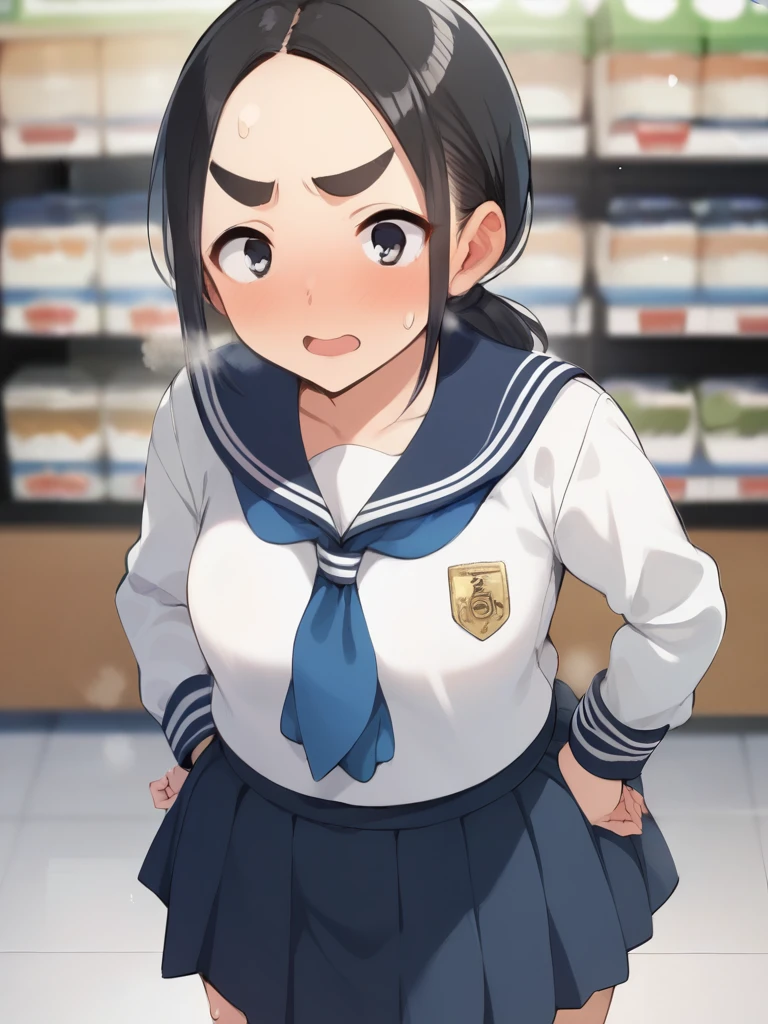  score_9,  score_8_up,  score_7_up,  score_6_up,  score_5_up,  score_4_up,sauce_anime break，nsfw，  best quality ，masterpiece，(  detailed background:1.2)，Fisheye Lens，One young 、、 black long sleeve sailor suit and middle skirt ，A slightly chubby woman in middle school ，Serious chairman ，Curious about sex 々，Baby Face，(Broad shoulders:1.2)、  shiny skin，Black Hair， Low Ponytail，( Split bangs)，(Thick eyebrows )，(Wide forehead)，sweatをかいた，White Breath，A very excited and hopeful expression，Shake your butt in a cute way and invite them :1.5，Trembling at climax ， illustration style，The Temptation of a ur、 In front of the checkout counter at a convenience store 、 The girl who came to buy a condom 、 places condoms and alcohol at the checkout counter，( orgasms :1.5), (Full of embarrassment)，blush，sweat，impatience，