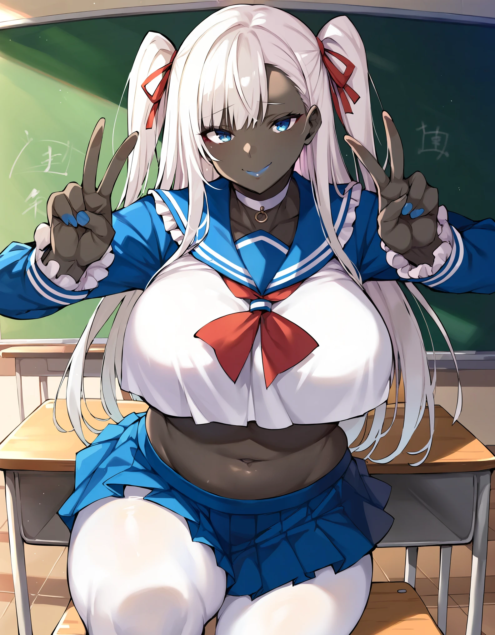 masterpiece, score_9, score_8_up, score_7_up, 1girl, milf, solo, plump, (colored skin, black skin:1.8), (huge breasts), (((white hair), long hair, bangs, two side up, blue eyes)), blue lips, ((choker, seifuku, sailor collar, long sleeves, crop top, navel, mini skirt, frilled skirt, white pantyhose)), ((naughty smile), closed mouth), ((double v, classroom))