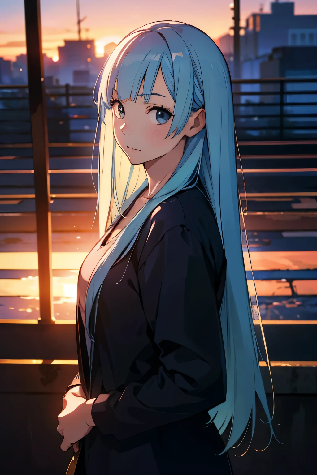 (masterpiece, best quality, hires, high resolution:1.2), extremely detailed, realistic, 1girl, MiwaKasumi, light blue hair, long hair, blunt bangs, luxury fabrics, sunset, cinematic lighting,