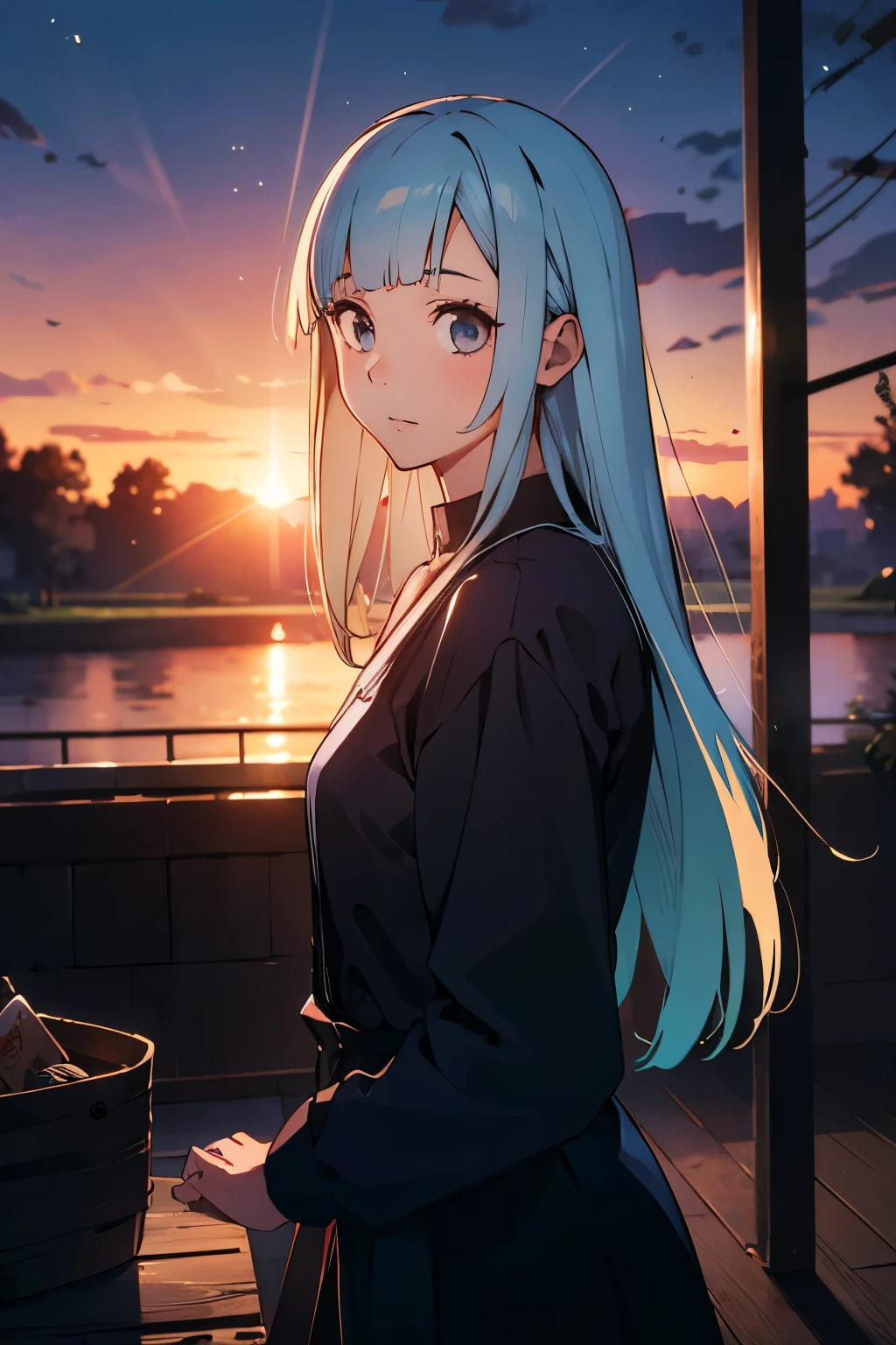 (masterpiece, best quality, hires, high resolution:1.2), extremely detailed, realistic, 1girl, MiwaKasumi, light blue hair, long hair, blunt bangs, luxury fabrics, sunset, cinematic lighting,
