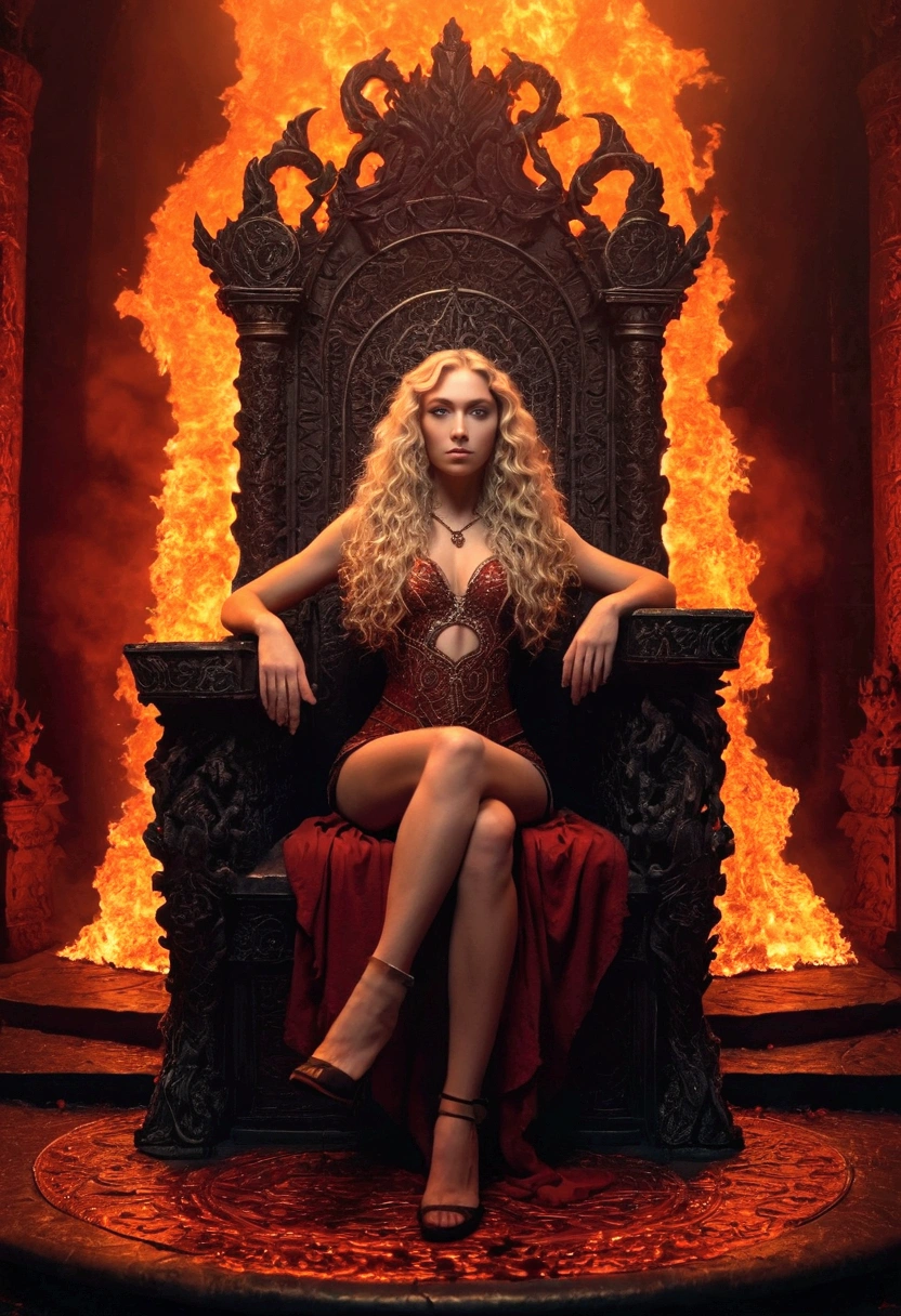 a beautiful blonde woman with long curly hair on a majestic throne in hell, highly detailed portrait, cinematic lighting, dramatic, dark fantasy, dramatic shadows, deep red and orange colors, glowing embers, moody atmosphere, intricate ornate throne, photorealistic, 8k, masterpiece