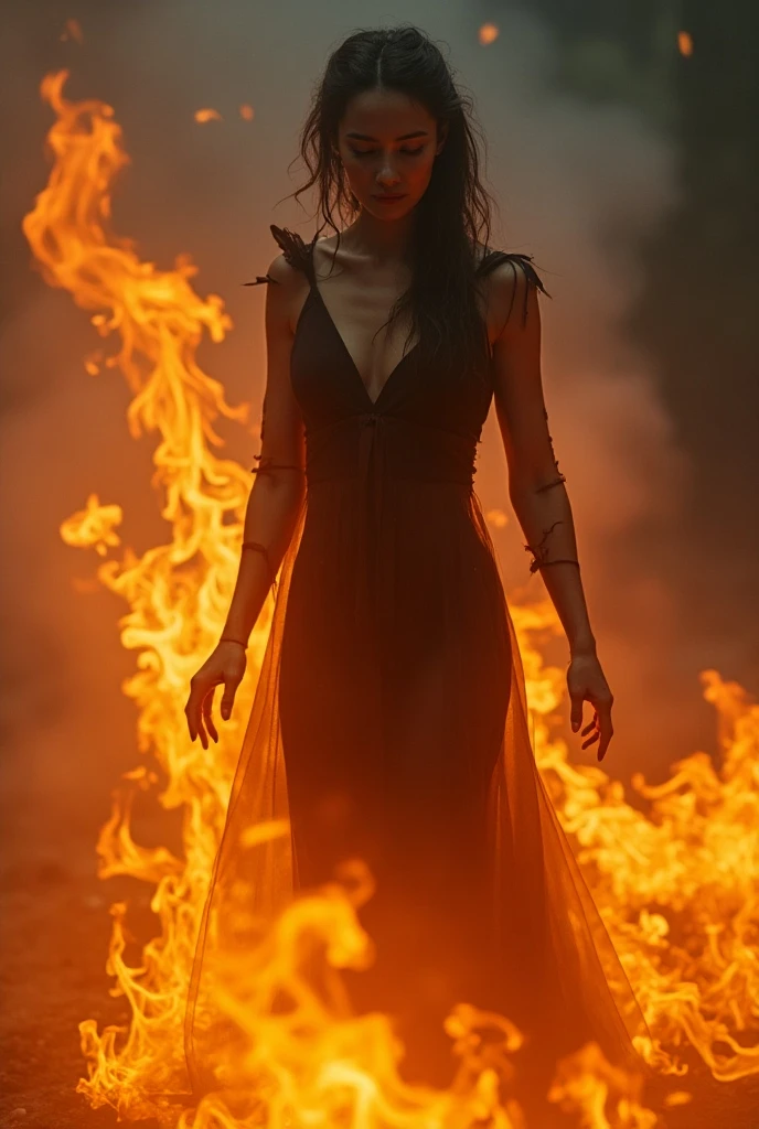 (Glowing ambiance, enchanting radiance, luminous lighting, ethereal atmosphere, mesmerizing glow, evocative hues, captivating coloration, dramatic lighting, enchanting aura), ink painting,(masterpiece, top quality, best quality, official art, beautiful and aesthetic:1.2), (1girl:1.4), extreme detailed,(joshua middleton comic cover art:1.1), (Action painting:1.2),(concretism:1.2), (hypermaximalistic:1.5),colorful,highest detailed,
(fire, orange dress:1.4), cowboy shot, (flaming eye:1.8),
fire landscape
(fire around her:1.5)
Soft light filtering through the clouds and fog
zwd, zuowangdao,
cloud,colorful,starry,stars