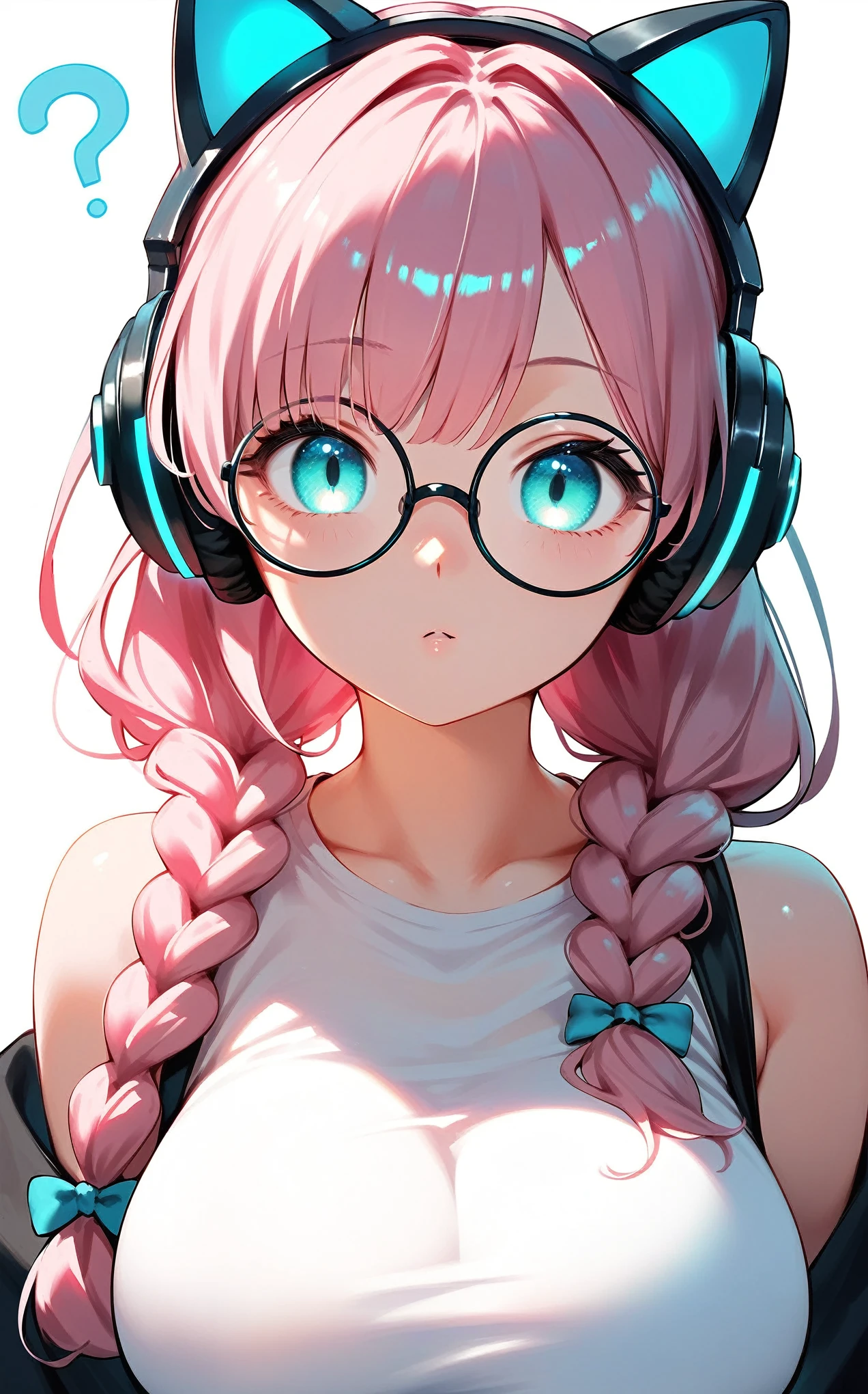 (best quality:1.2), (ultra-detailed:1.2), (2.5D:1.2), (Anime Moe Art Style), 1girl , pink hair, Cyan eyes, gradient eyes, twin braids, blue Glowing cat ear headphones, black round glasses, large breasts, head tilt, :o, ?,