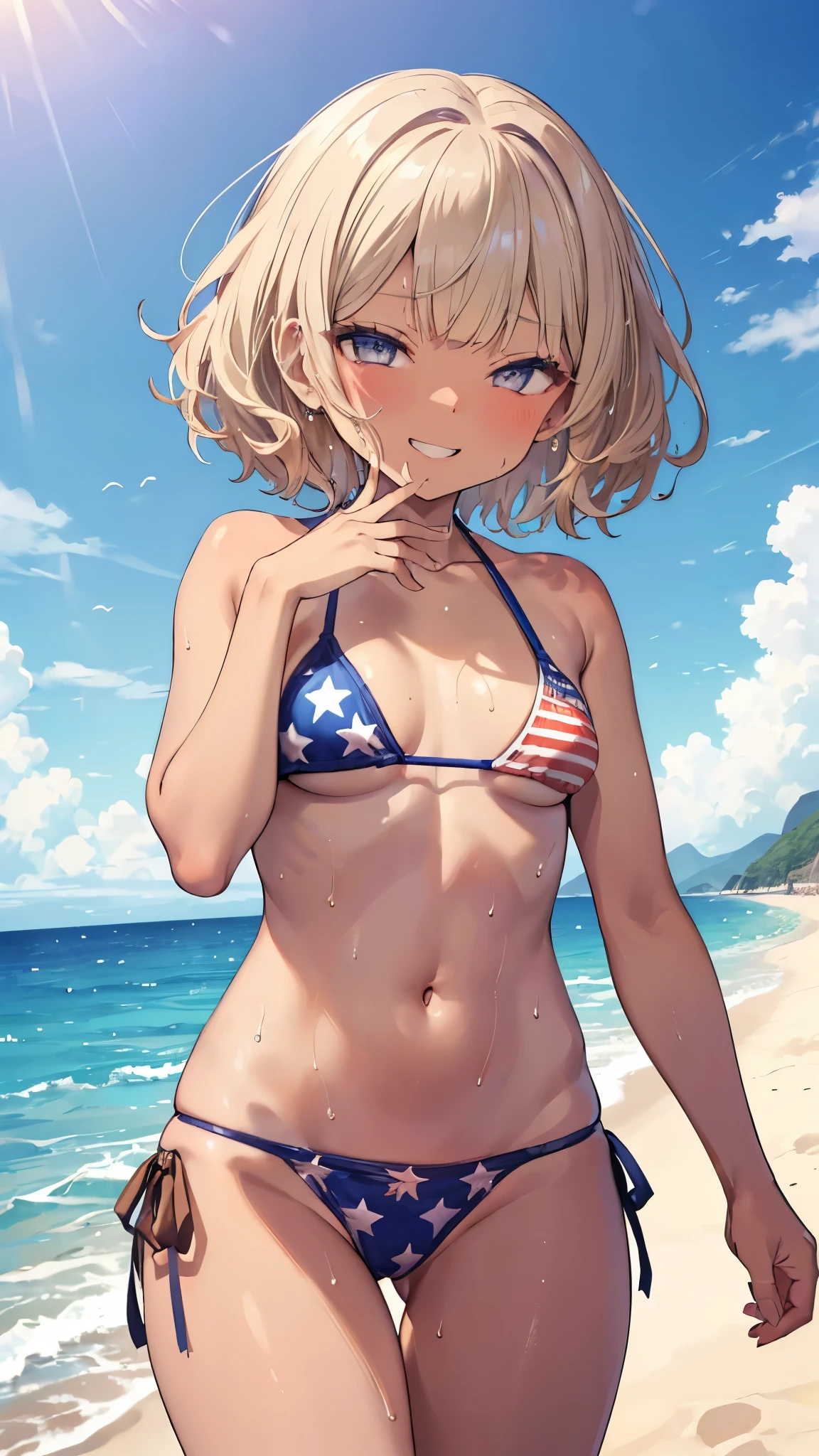 1girl, american_flag_bikini, breasts, swimsuit, solo, blue_eyes, blonde_hair, bikini, flag_print, hat, navel, outdoors, large_breasts, long_hair, looking_at_viewer, open_mouth, sky, day, smile, straw_hat, armpits, blush, cleavage, collarbone, cloud, denim, side-tie_bikini_bottom, shorts, blue_sky, beach, ocean, toned, bangs, denim_shorts, stomach