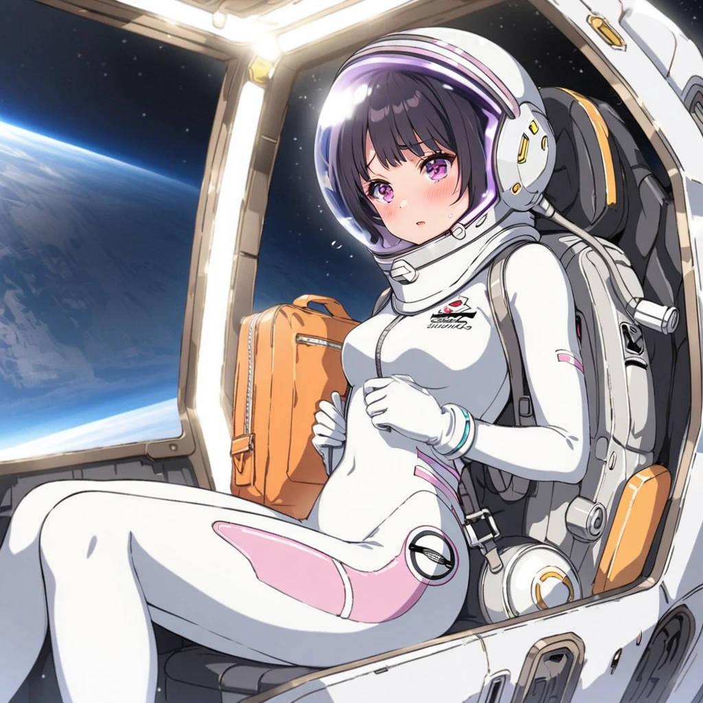 1人of女of子,Alone,short hair,(Space Suit:1.15), Black Hair Space Helmet ,whole body, indoor, masterpiece of the highest quality,  trembling, difficulty breathing, bodysuit,Lumine ,  Bubble Helmets , short hair,  backpack,gloves,blush,internal (cockpit) of (Futuristic spaceship:1.6), Sitting on narraw futuristic spacecraft cockpit seat, Covered navel, short hair