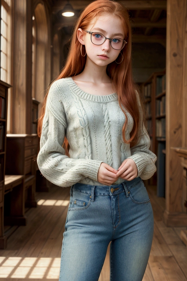 A hyper-realistic and extremely detailed and perfect image. Photograph of a litrle teenager 12years old de, by Annie Leibovitz, glasses, perfectly detailed face, perfectly and extremely detailed eyes, hyper-realistic eyes, green eyes, redhead, red Hair, nerd, perfect body, big, narrow waist and nice hips. blue oversized wool sweater, and baggy jeans, She is standing in the middle of a quiet old library, all made of wood. She is very pretty and sexy.