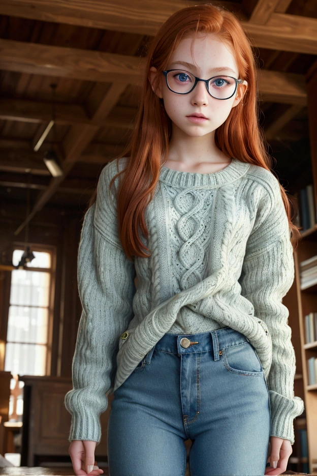 A hyper-realistic and extremely detailed and perfect image. Photograph of a litrle teenager ars old de, by Annie Leibovitz, glasses, perfectly detailed face, perfectly and extremely detailed eyes, hyper-realistic eyes, green eyes, redhead, red Hair, nerd, perfect body, big, narrow waist and nice hips. blue oversized wool sweater, and baggy jeans, She is standing in the middle of a quiet old library, all made of wood. She is very pretty and sexy.