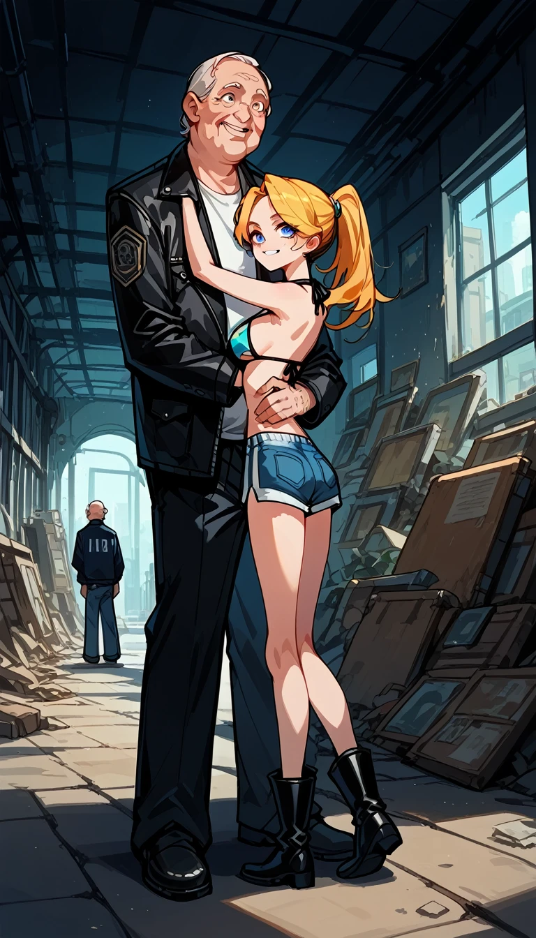 Masterpiece, best quality, Masterpiece, best quality, 1 woman , blue eyes , yellow ponytail , black leather jacket , sly face , smile , bikini , abdomen, big breasts , Long legs , boots , hands behind head , 1 man , old man , shorts man , hug , abandoned factory , at night