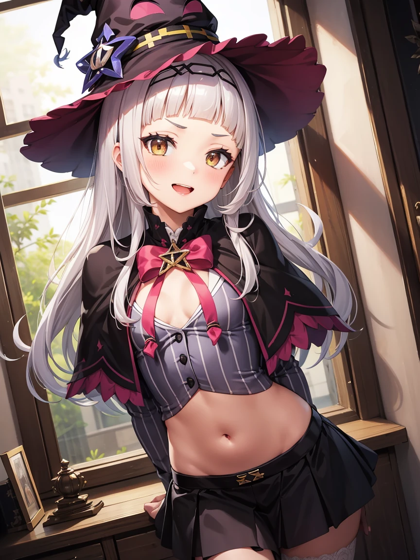 Portrait, official art, best masterpiece, best quality, best resolution, 8K, best detailed, perfect anatomy, Dutch Angle, looking at viewe
BREAK
cowboy shot, Walking, head tilt, arms behind back, leaning forward
BREAK
aashion, white hair, long hair, (single hair bun:1.1), short eyebrows, hairband, witch hat, pink bowtie, black capelet, pinstripe shirt, long sleeves, midriff, black skirt, miniskirt, striped thighhighs (small breasts:1.3), (1small girl, little_girl, short stature:1.4)
BREAK
smile, open your mouth
BREAK
Soft lighting, indirect lighting, absurd, (Workshop), very fine and detailed 16KCG wallpapers