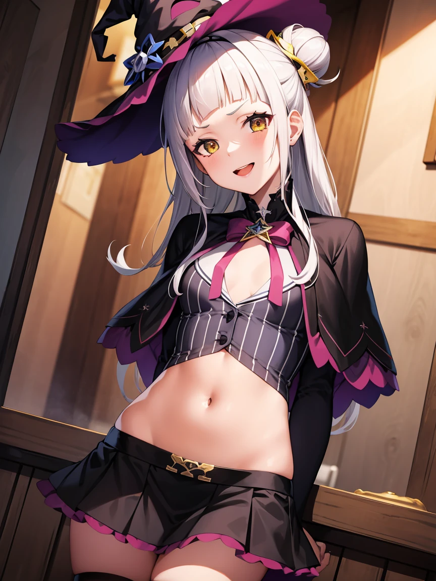 Portrait, official art, best masterpiece, best quality, best resolution, 8K, best detailed, perfect anatomy, Dutch Angle, looking at viewe
BREAK
cowboy shot, Walking, head tilt, arms behind back, leaning forward
BREAK
aashion, white hair, long hair, (single hair bun:1.1), short eyebrows, hairband, witch hat, pink bowtie, black capelet, pinstripe shirt, long sleeves, midriff, black skirt, miniskirt, striped thighhighs (small breasts:1.3), (1small girl, little_girl, short stature:1.4)
BREAK
smile, open your mouth
BREAK
Soft lighting, indirect lighting, absurd, (Workshop), very fine and detailed 16KCG wallpapers