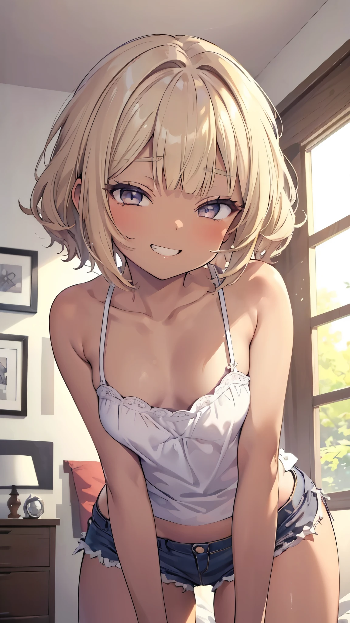 (anime style),masterpiece, best quality, extremely detailed,10Year old,tanned skin,dark skin, Beautiful body,BREAK,multicolored colorful blonde hair,short hair,hair slicked back,wet body,BREAK,black eyes,happy smile,open mouth,out tongue,eyes widen,happiness
smile face,detailed lips,BREAK,cotton black big ribbon,BREAK, Black wide camisole,striped shorts,off shoulder,frilled clothing microskirt,break,head tilt,face down pose,in the Gothic room,stomac down