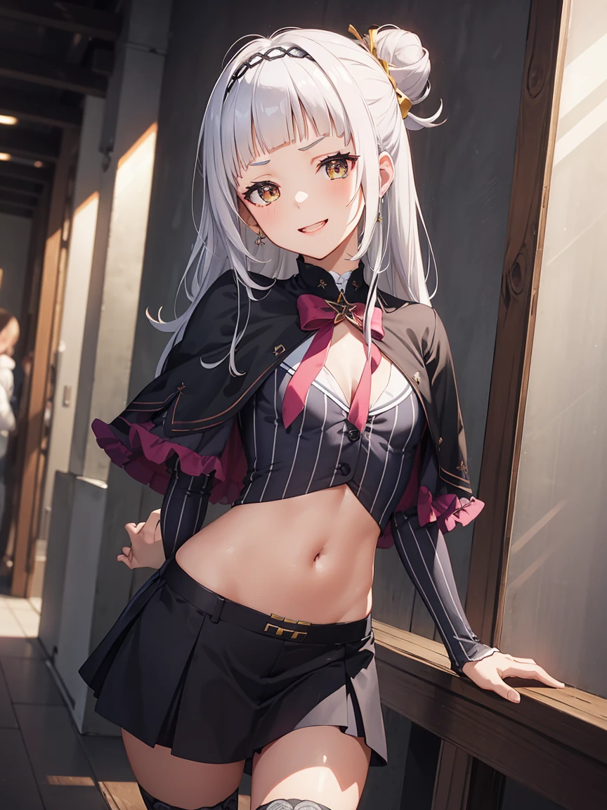 Portrait, official art, best masterpiece, best quality, best resolution, 8K, best detailed, perfect anatomy, Dutch Angle, looking at viewe
BREAK
cowboy shot, Walking, head tilt, arms behind back, leaning forward
BREAK
aashion, white hair, long hair, (single hair bun:1.1), short eyebrows, hairband, pink bowtie, black capelet, pinstripe shirt, long sleeves, midriff, black skirt, miniskirt, striped thighhighs (small breasts:1.3), (1small girl, little_girl, short stature:1.4)
BREAK
smile, open your mouth
BREAK
Soft lighting, indirect lighting, absurd, (Workshop), very fine and detailed 16KCG wallpapers