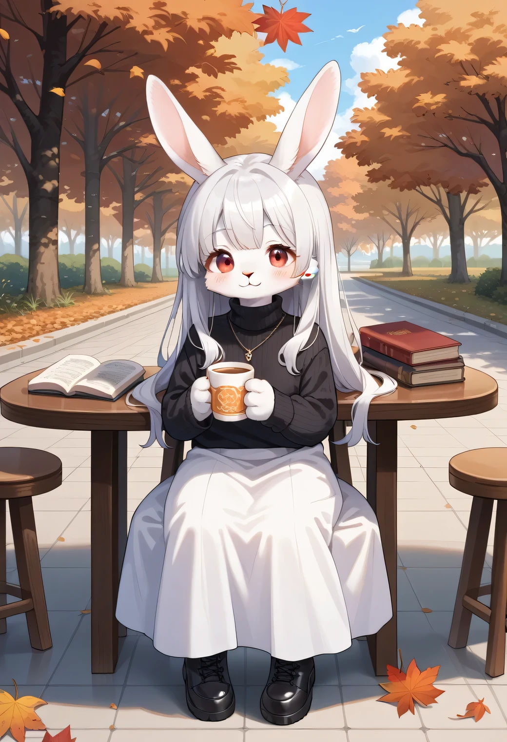 score_9, score_8_up, score_7_up, score_6_up, score_5_up, score_4_up, source_anime, best quality, amazing quality, very aesthetic, absurdres, 1girl, (furry, kemono:1.3), rabbit, rabbit ears, cup, solo, long hair, red eyes, skirt, white skirt, long skirt, sitting, holding, long sleeves, holding cup, smile, autumn leaves, autumn, table, tree, black footwear, sweater, white hair, black sweater, necklace, closed mouth, turtleneck, boots, jewelry, full body, looking at viewer, outdoors, blush, stool, grey hair, book, tiles, black shirt