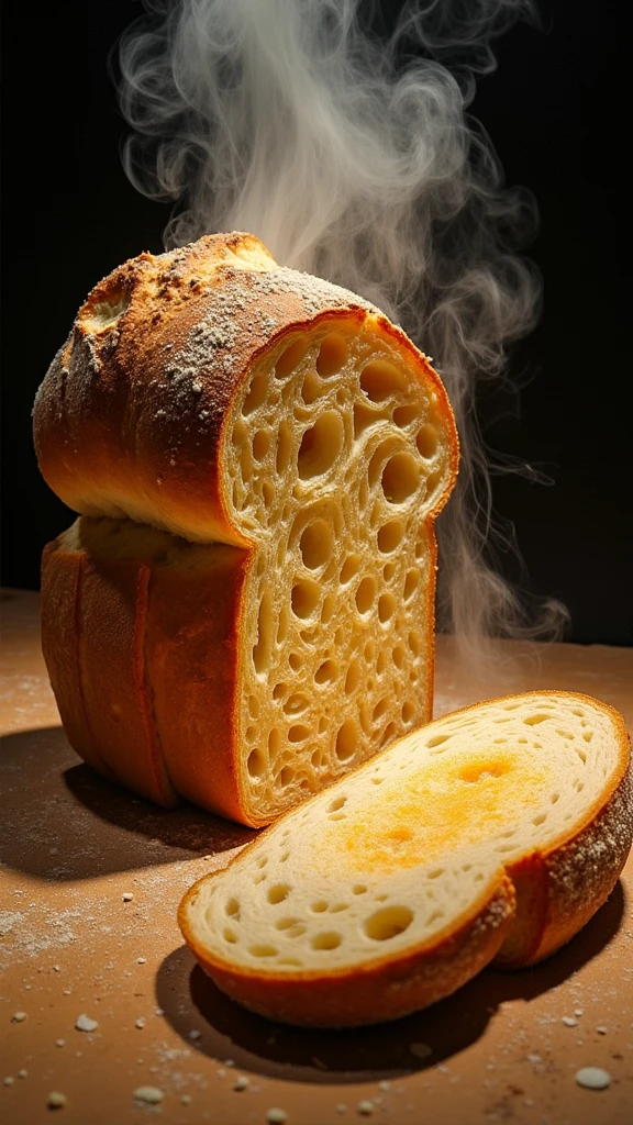 A disruptive, interdisciplinary sculptural meditation on bread, faith, and the human experience, incorporating elements of performance, sound, and light to create a multisensory encounter that transports viewers through a surreal, dreamlike journey of crumb contemplations and loaf legends.