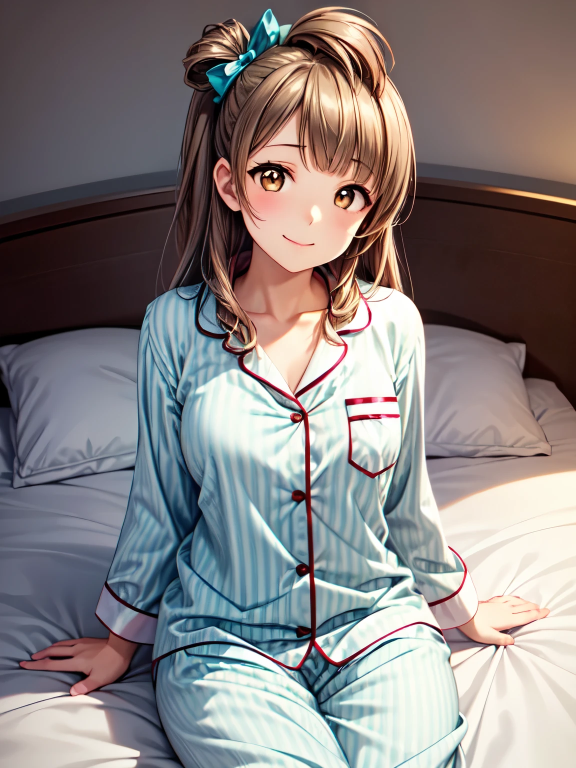 masterpiece、 very detailed 、Super detailed、Sitting、minami,Minami Kotori、 1girl, Alone,Closed Mouth、smile、 1 girl 、Beautiful long brown hair、Attractive brown eyes、( anime style illustration:1.3)、(In pajamas:1.3),In pajamas、Sitting on the bed、Sharp pupils、 Kampala、  Kampala、 super fine painting,、( very detailed 、color、Sparkle)、(Genuine、Real、Realistic:1.2)、Small breasts、  Kampala、超 Kampala、 cowboy shots
