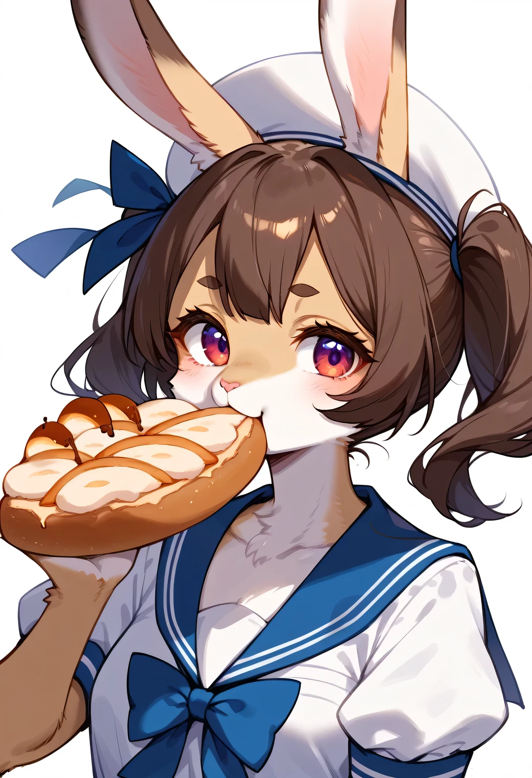 score_9, score_8_up, score_7_up, score_6_up, score_5_up, score_4_up, source_cartoon, best quality, amazing quality, very aesthetic, absurdres, 1girl, (furry, kemono:1.2), rabbit, rabbit girl,solo, blue sailor collar, hat, sailor collar, sailor hat, short sleeves, puffy short sleeves, shirt, food, twintails, puffy sleeves, white headwear, upper body, brown hair, white shirt, eating, eating bread, sailor shirt, looking at viewer, holding food, purple eyes, red eyes, white background, ribbon