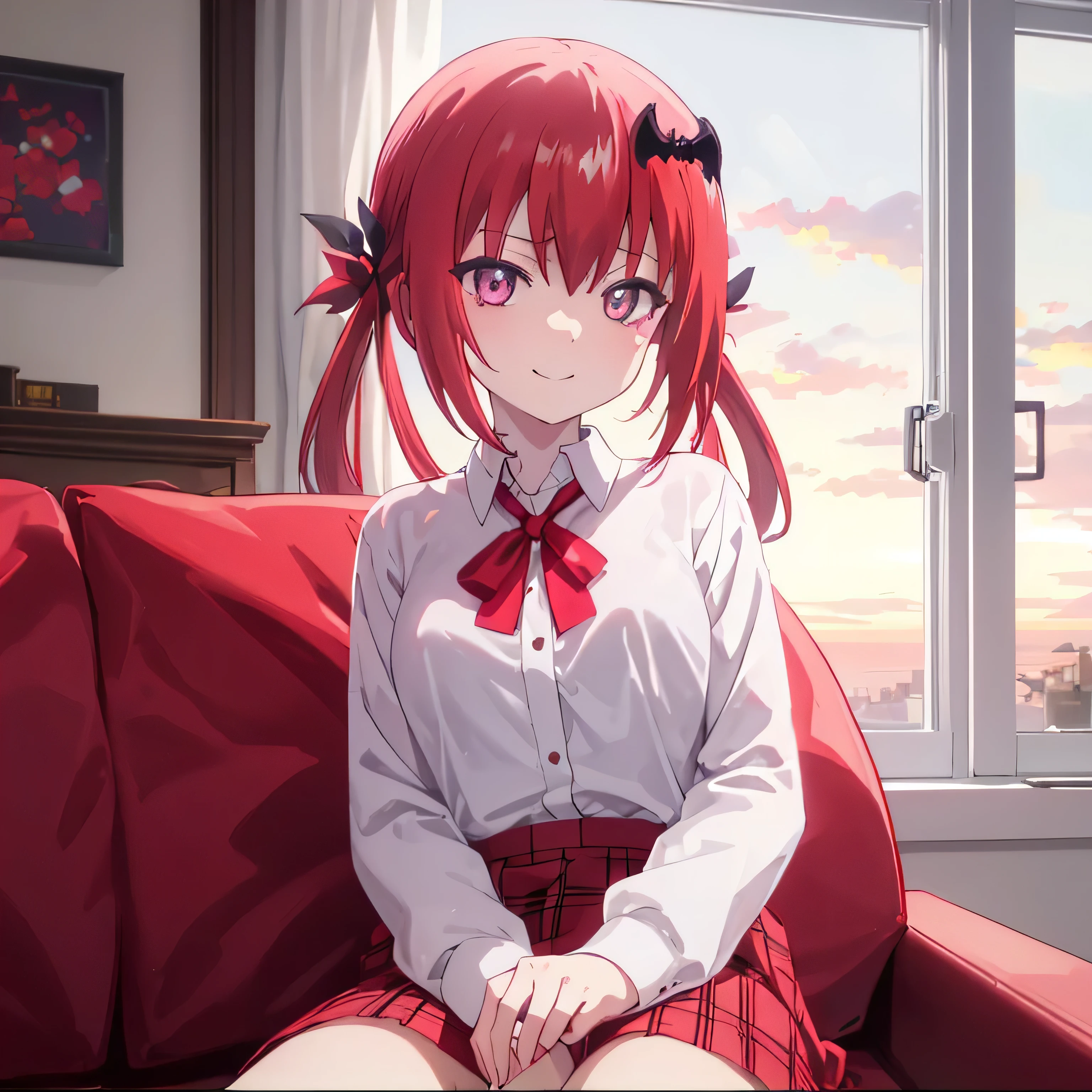 Satanichia McDowell beautiful little face with a nice smile watching a beautiful sunset
in an open and large window
Sitting on a couch
beautifully dressed in a kilt and a white blouse 
Semi-long red hair
tied with 2 pigtails, and detailed magenta eyes
nice accessory on your neck 

high image quality
detailed arms and hands  