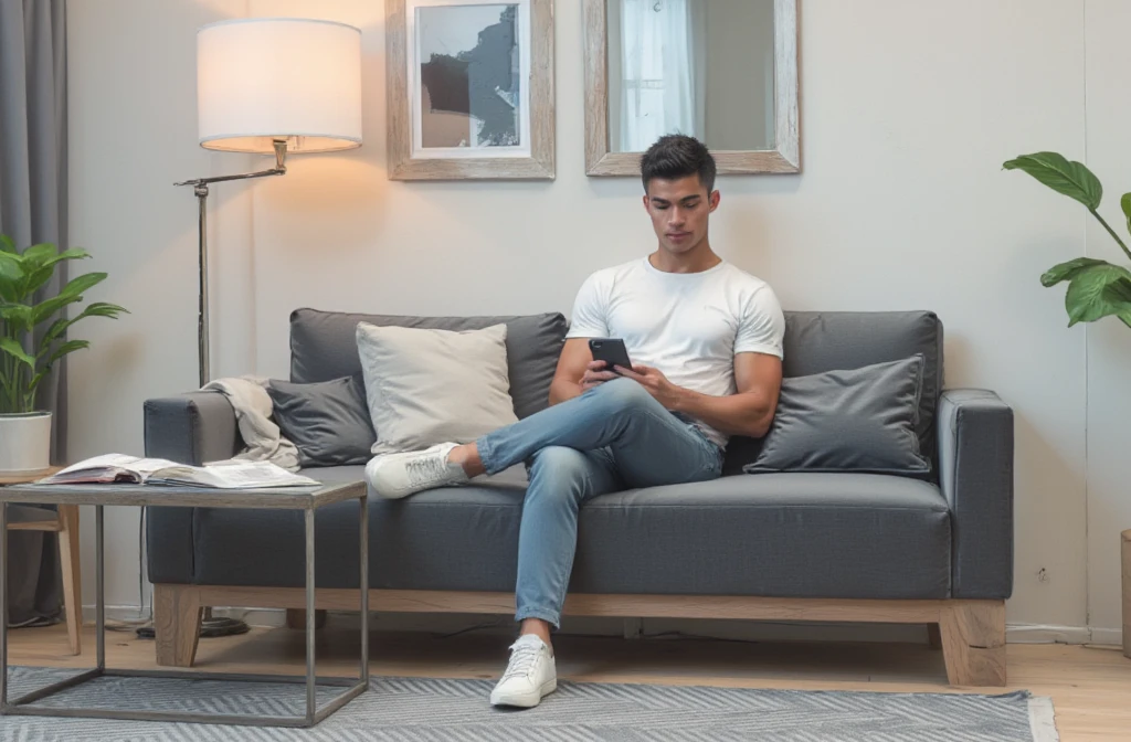 Retro anime style, RonaldoFace sitting on RichStudio a grey sofa with his feet up on the table, looking at his iPhone, wearing a white T-shirt and blue jeans and white Convers, figure like Cristiano Ronaldo.