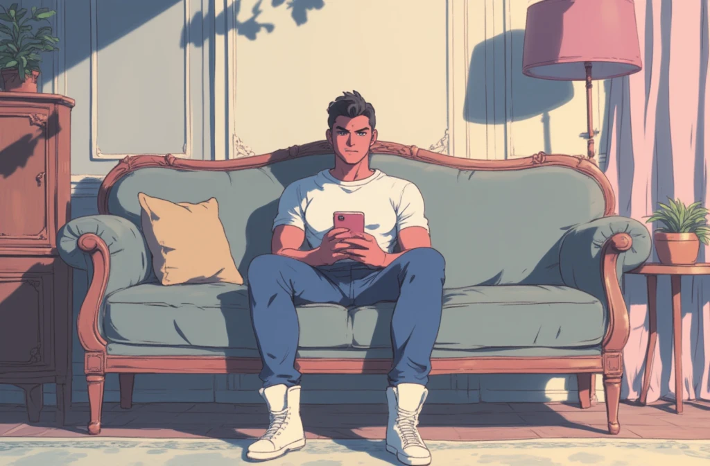 Retro anime style, RonaldoFace sitting on RichStudio a grey sofa with his feet up on the table, looking at his iPhone, wearing a white T-shirt and blue jeans and white Convers, figure like Cristiano Ronaldo.