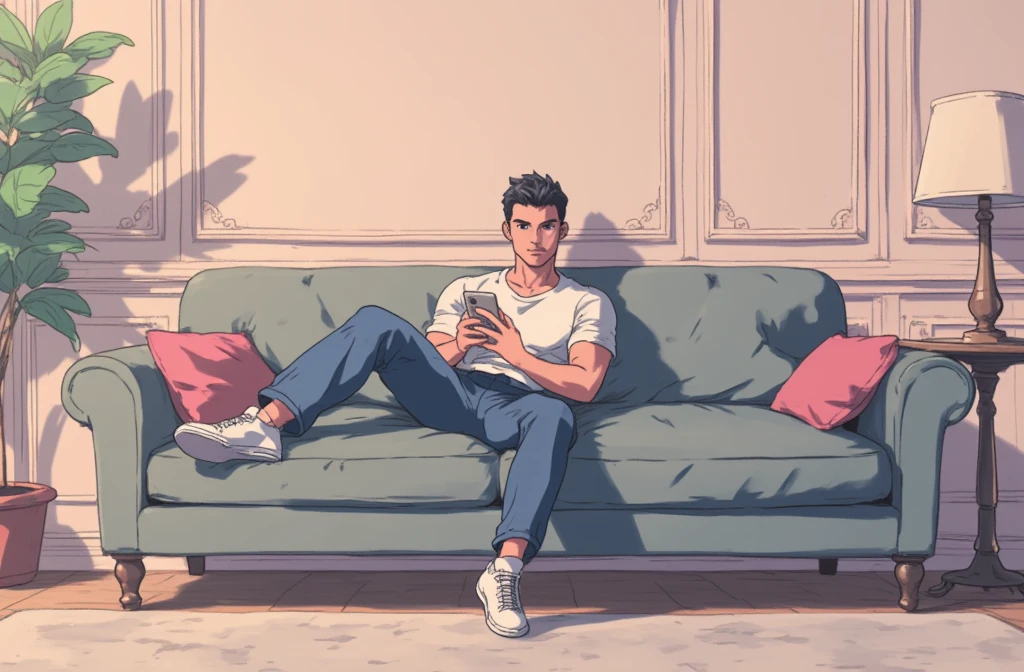 Retro anime style, RonaldoFace sitting on RichStudio a grey sofa with his feet up on the table, looking at his iPhone, wearing a white T-shirt and blue jeans and white Convers, figure like Cristiano Ronaldo.