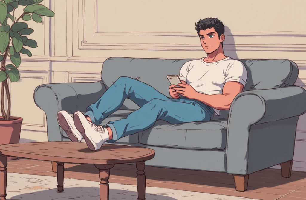 Retro anime style, RonaldoFace sitting on RichStudio a grey sofa with his feet up on the table, looking at his iPhone, wearing a white T-shirt and blue jeans and white Convers, figure like Cristiano Ronaldo.