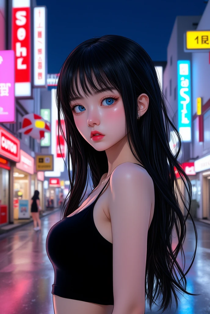 This is a highly detailed, semi-realistic, digital anime-style illustration featuring a young woman in an urban setting. The woman, who appears to be of East Asian descent, has fair skin, striking blue eyes, and long, straight black hair that flows freely. She is wearing a tight, black tank top that accentuates her slim physique and small to medium-sized breasts. Her expression is one of mild surprise or curiosity, with her lips slightly parted and her eyebrows slightly raised.

The background showcases a vibrant, neon-lit cityscape typical of a bustling urban area. The scene is filled with various signs and advertisements in Japanese characters, with colors like pink, blue, yellow, and red dominating the night sky. To the left, a sign reads "SUPPLY" in red and white, and a store below it has a sign that says "CAUTION" in red. Further down the street, there are more stores and signs, including one that reads "MOVIE VOY" in bright pink and white. The street is wet, suggesting recent rain, and the reflections of the neon lights on the wet surface add a glossy texture to the image.

The overall atmosphere is energetic and lively, capturing the essence of a late-night city scene.