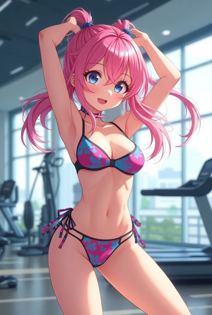 top-quality、Full limbs、complete fingers、1girl in、((one beautiful women、独奏))、Beautiful Large Breasts、Short bob hair、Pink hair、(pink sports bra)、Pink spats、、abdominals、sports gym、Naughty Poses、A big smile、fighting poses