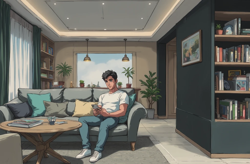 Retro anime style, RonaldoFace sitting on RichStudio a grey sofa with his feet up on the table, looking at his iPhone, wearing a white T-shirt and blue jeans and white Convers, figure like Cristiano Ronaldo.