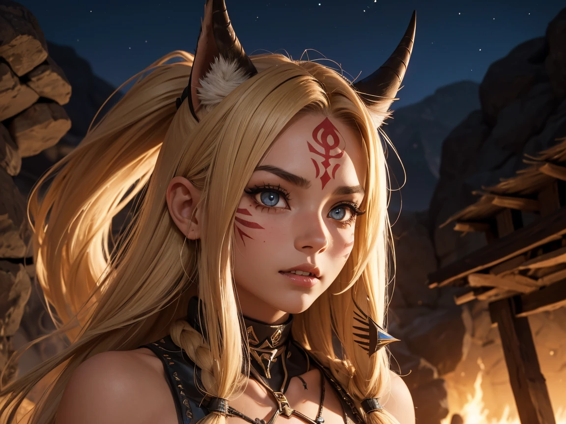 ((ultra realistic)), ((anatomically perfect)) ((ultra realistic)), ((male teenager)), ((perfect image)), ((perfect face)), ((ultra detalhado)), ((Whole body)), (( perfect body )), ((Perfect Anatomy1.1)),  an oni girl with amber eyes and black hair with blonde locks,  medium size straight , medium large breasts,  sexy monster girl ,  with a black horn in the middle of her forehead ,  with tribal marks on her face and body , wearing Arab dancer clothes , in the desert, during the night, ((sharp nails)),  sharp and long canine teeth ,  cross-shaped pupil, ((ultra realistic))