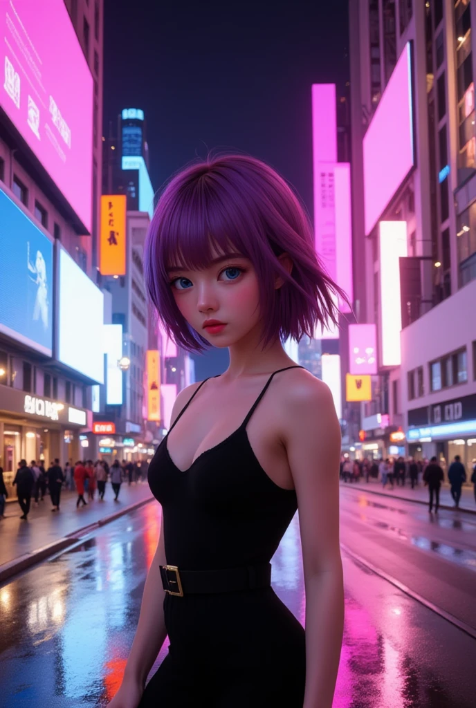 The image presents a captivating anime-style night scene set in a futuristic, neon-lit city. At the center stands a young woman named vanessa with short, dark purple hair that catches the glow of the city's vibrant lights. Her large, expressive eyes are a deep magenta, matching the intensity of the colorful surroundings. She wears a form-fitting black dress with thin straps and a belt cinched around her waist, emphasizing her silhouette. Her expression is calm but slightly serious, as she gazes ahead with a soft blush on her cheeks, adding a hint of vulnerability.

The background features a bustling urban street, filled with towering buildings illuminated by an array of neon signs in striking pink, blue, orange, and purple hues. The signs light up the night sky, with large digital billboards dominating the skyline. The reflections of these neon colors shimmer on the wet pavement, suggesting that it may have recently rained. The street itself is relatively empty, with a few scattered cars and pedestrians, giving the scene a quiet, contemplative atmosphere amidst the dazzling city lights.

The architecture in the background blends a futuristic design with traditional urban elements, such as street lamps and billboards, creating a blend of modernity and nostalgia. The overall aesthetic evokes a cyberpunk vibe, where the vibrant colors, urban sprawl, and nighttime ambiance suggest a bustling, technologically advanced metropolis.

The character's placement in the middle of the street, combined with the rich, glowing environment, gives the image a cinematic feel, as if she is in a moment of deep thought or decision-making. The contrast between her dark outfit and the bright surroundings enhances her presence, making her the focal point of this dynamic, yet serene, urban scene