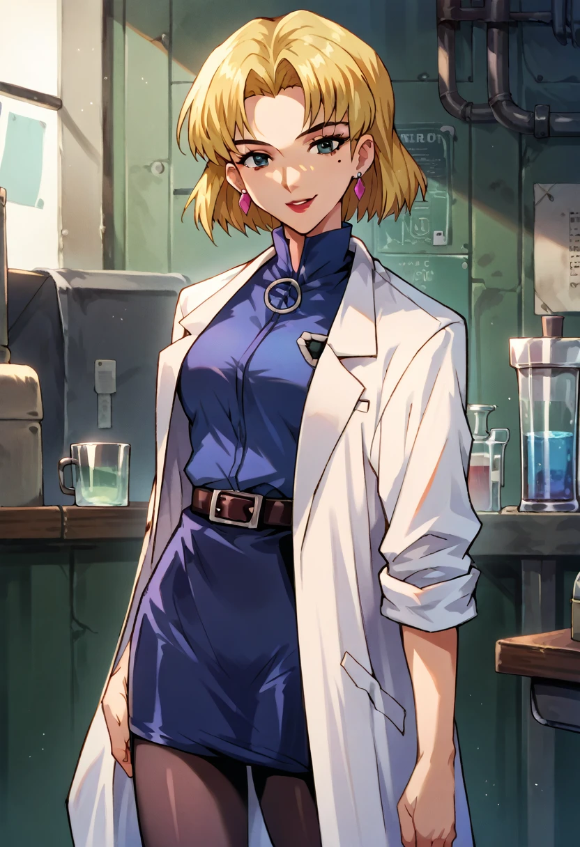 score_9, score_8_up, score_7_up, 1girl, solo, Ritsuko, 1girl, blonde hair, mole under eye, labcoat, earrings, jewelry, short hair, belt, lipstick, makeup darkblue skirt, black pantyhoses, belt, looking at you, smiling, indoor, lab background,