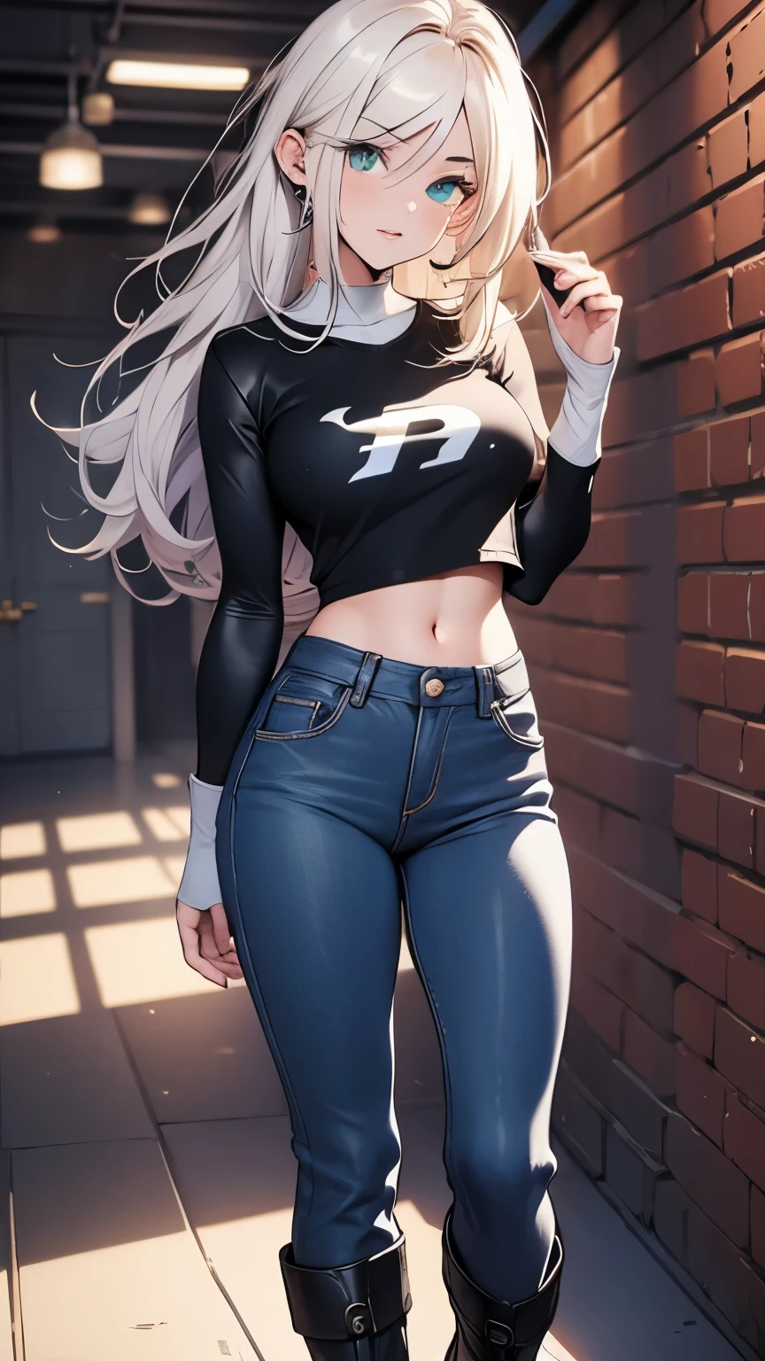 (masterpiece), danny phantom, best quality, green eyes, perfect face, highres, 1girl, solo, (female:1.5), cute, white hair, long hair, white fingerless gloves, black t shirt, leather jacket, jeans, indoors, cute pose, cowboy shot, looking at the viewer, fullbody shot, long boots, 
Alta resolução, Detalhes altos, Super detalhe, 