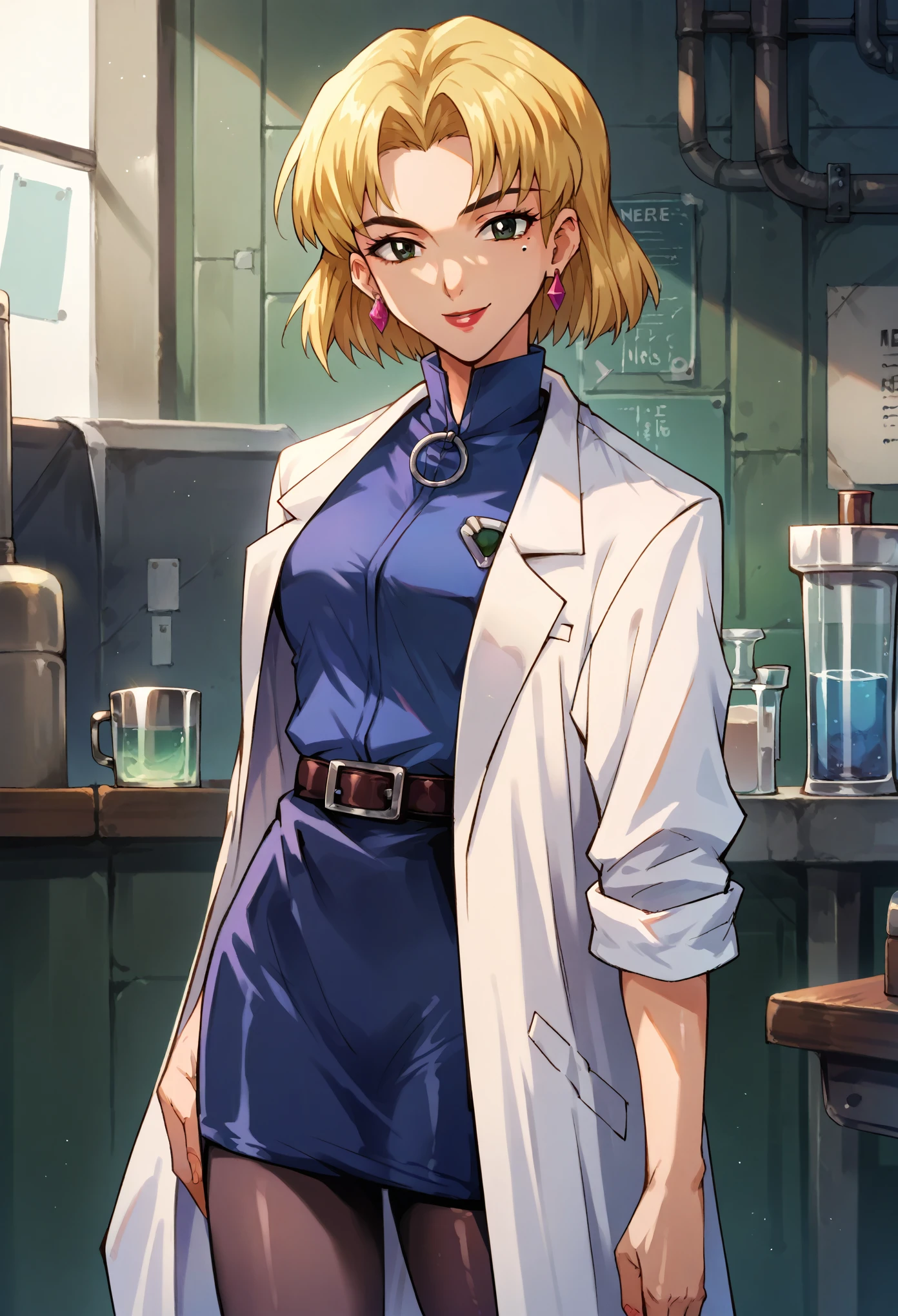 score_9, score_8_up, score_7_up, 1girl, solo, Ritsuko, 1girl, blonde hair, mole under eye, labcoat, earrings, jewelry, short hair, belt, lipstick, makeup darkblue skirt, black pantyhoses, belt, looking at you, smiling, indoor, lab background,