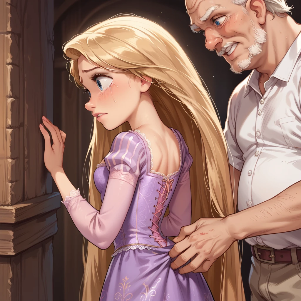 1girl ,rapunzel, skinny, beautiful, blue eyes, ((puffed_dress)), afraid, crying, old man grabs her ass, groping, grabbing girl´s ass,