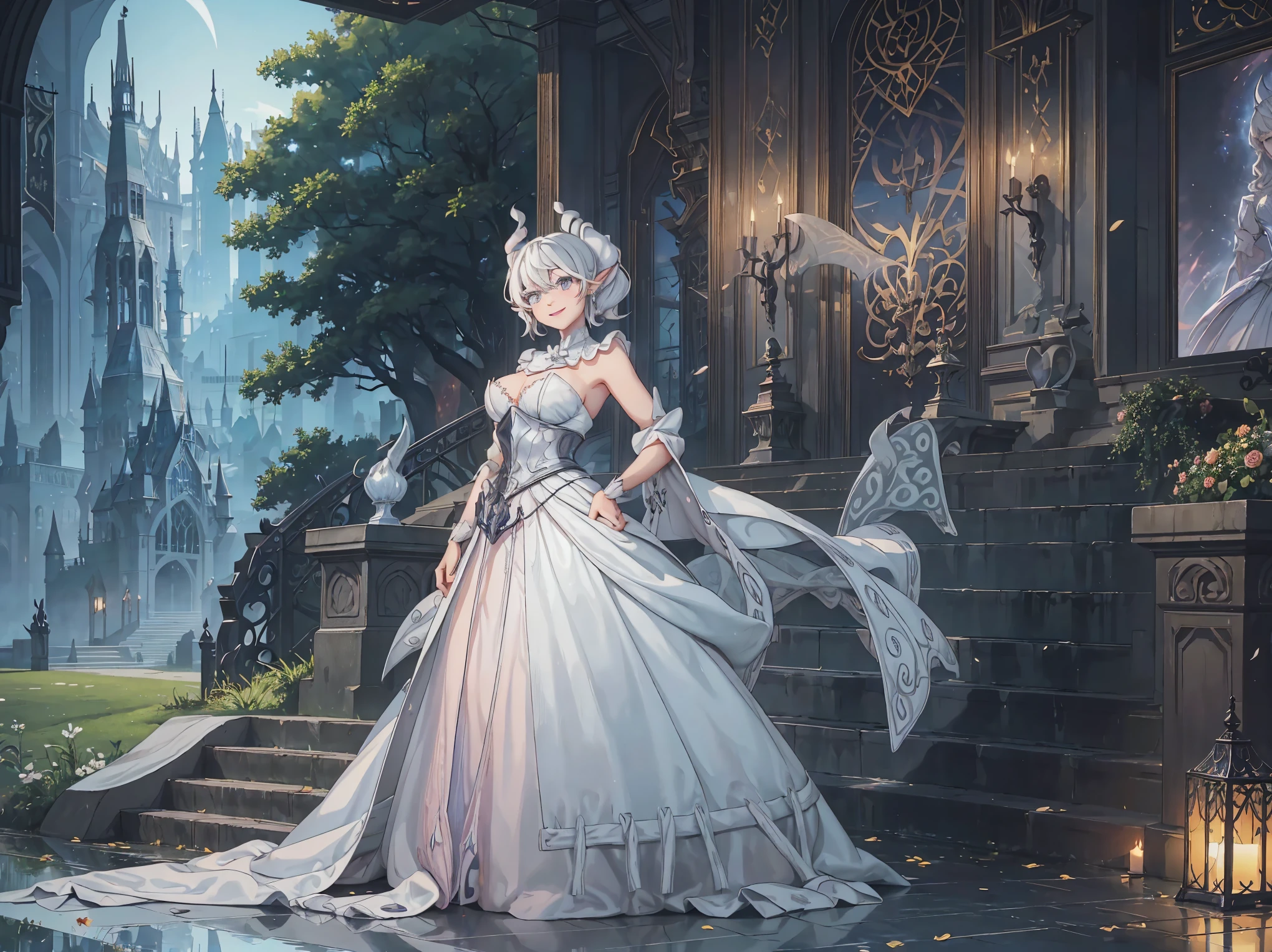 Dark fantasy , forest , fountains , garden , , anime picture of a mature woman in white dress  , concept art inspired by Li Chevalier, pixiv contest winner, sots art, ((a beautiful fantasy demoness), goddess  lady of silver castle, shadowverse style, high detailed official artwork, portrait of magical mature woman, official art, white haired deity ------- white horn , short hair ,  eyes  , eye shadows , pink lips  ,  smile , pointy ears   , both hands on her hips , lewdness view