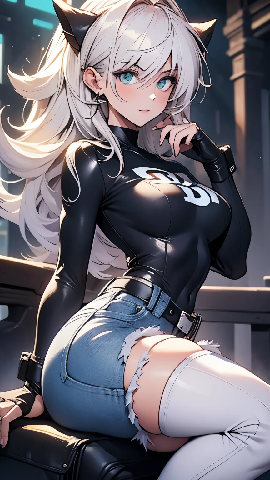 (masterpiece), danny phantom, best quality, green eyes, messy hair, perfect face, highres, 1girl, solo, (female:1.5), cute, white hair, long hair, white fingerless gloves, black t shirt, leather jacket, jeans, indoors, cute pose, cowboy shot, looking at the viewer, fullbody shot, long boots, 
Alta resolução, Detalhes altos, Super detalhe, ultra detailed face