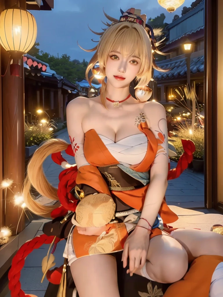 ((masterpiece)), ((best quality)), ((ultra detailed)), ((beautiful and aesthetic)), ((illustration)), vvi\(artstyle\), 1girl, solo, yoimiyadef, yoimiyarnd, genshin impact, blonde hair, yellow eyes,  portrait, night, bangs, gigantic breasts,   cleavage,  three-fourth, looking at viewer,  hair ornament, beautiful eyes,