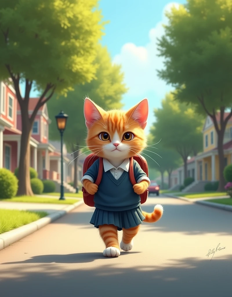 The cat is at your school playground around the other cats are all in school uniforms sitting at the table having lunch 