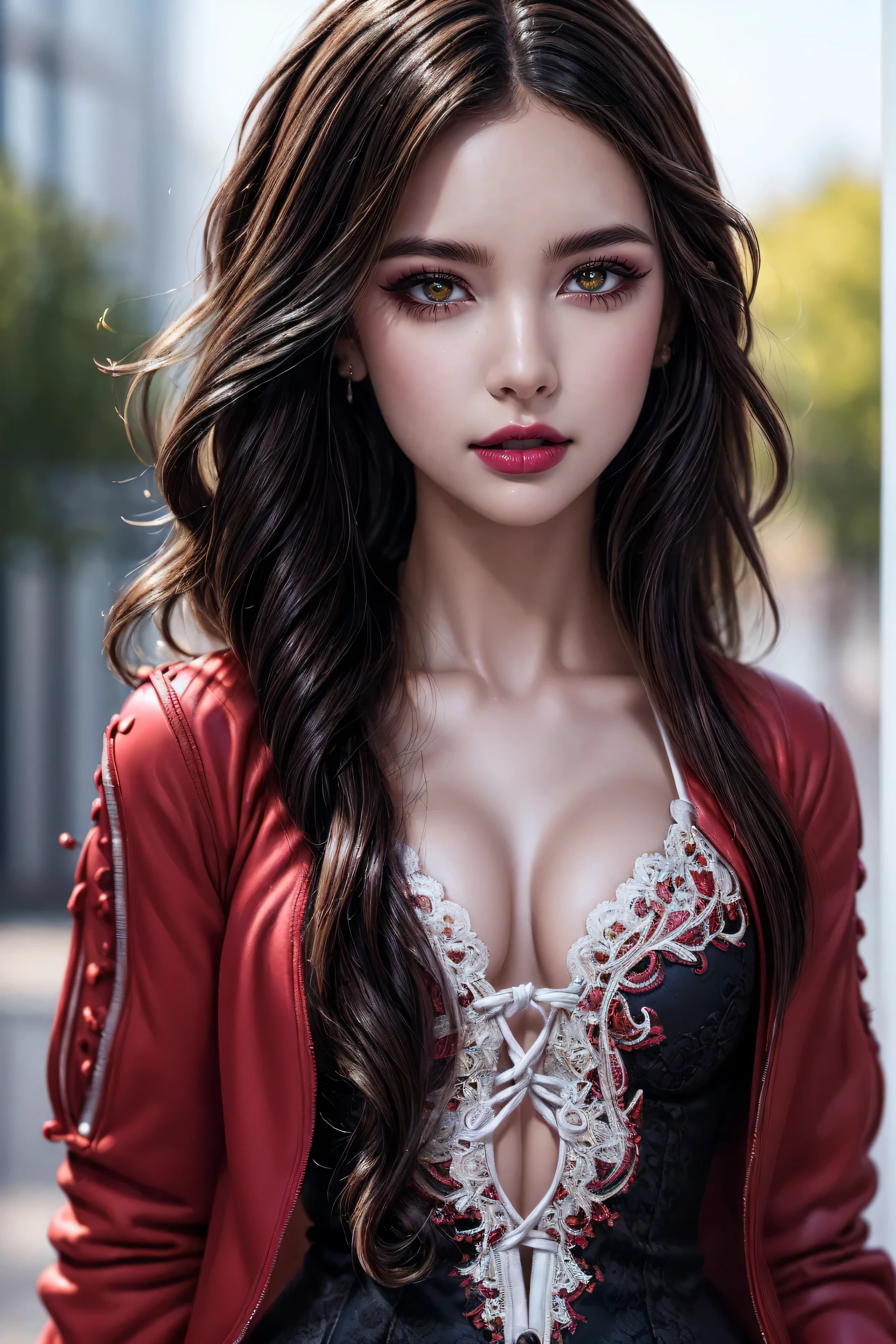 Quality\Realistic,(hyper-photorealistic Realism),(high resolution),((ultra extreme detailed digital art)),hyper-real texture skin,ultra-real texture hair,hyper-realisitic,hyper-quality,(professional photography,golden ratio\), BREAK ,Famale\solo,1woman:1.4,20yo,(spectacular photo of a Chinese woman:1.35),(Super beautiful),(vivid and colorful),(black hair,(curly waves),intricately detailed:1.25),The attention to detail,focus of girl,dynamic pose,sexy and seductive,flirty smile,dslr,high quality split lighting,sharp focus captured by Fujifilm XT3,f 5.6,in a dramatic lighting,(perfect composition\),Skin\(white,pale,smooth,silky,shiny\),Eyes\(sharp focus,Ultra resolution,absurd quality,clearly visible ultra details,no blurry,perfect round realistic brown_eyes:1.35),(extremely fine details eyes),((close up of a woman's eyes:1.2)),(perfect round eyes:1.4),(finely detailed pupils,(extremely fine details of pupils:1.3)),(extremely fine details of iris:1.3),((Vibrant eye digital art:delicately painted in mesmerizing array of colors)\),detailed lips:1.3,pink_makeup:1.3,(long_blue_eyeliner:1.17),(glossy red_lipstick:1.3),(perfect dark_eyeshadows:1.45),(super detailed professional makeup on eyes:1.25),(highly elaborate extravagant microscopic street outfit:1.22),(minimalist provocative styling:1.23\),((Insanely detailed red((cut jacket cute)) wear:1.24)),BREAK,(long white-black lace dress(lace-up dress with Intricately detailed:1.3)),(random u%u top:1.25), BREAK ,background\((walking in the park:1.3)),detailed facial features,Sharp focus,Smooth,beautiful,best photo,((best shadows)),(ray tracing),(((photo from head to knee))),(Proportions are based on a 7.5 head scale). 