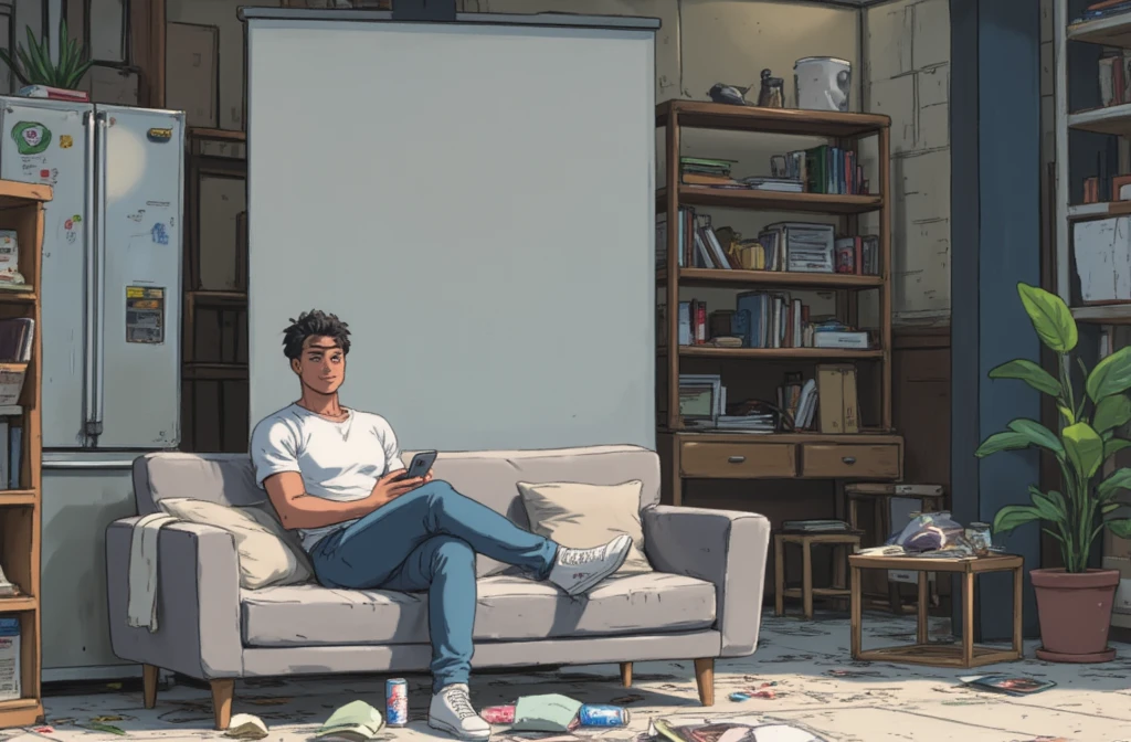 Retro anime style, RonaldoFace sitting on RichStudio a grey sofa with his feet up on the table, looking at his iPhone, wearing a white T-shirt and blue jeans and white Convers, figure like Cristiano Ronaldo. There is trash everywhere, and there are chips and empty cans of Red Bull on the table.