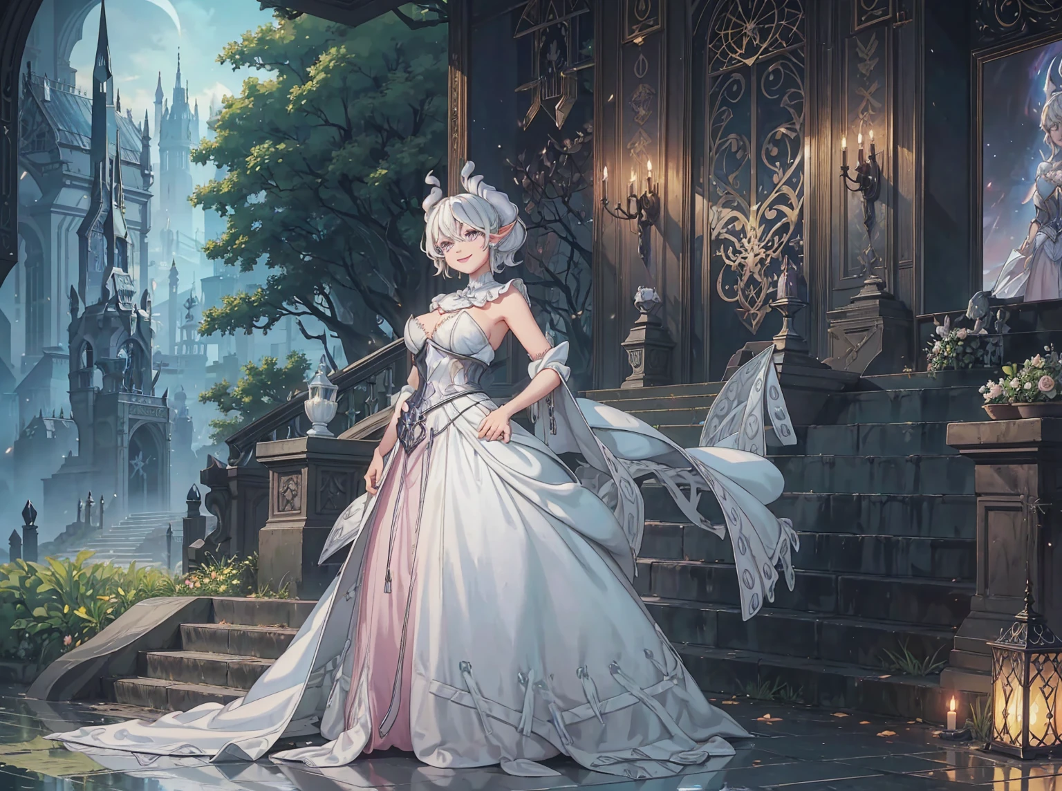 Dark fantasy , forest , fountains , garden , , anime picture of a mature woman in white dress  , concept art inspired by Li Chevalier, pixiv contest winner, sots art, ((a beautiful fantasy demoness), goddess  lady of silver castle, shadowverse style, high detailed official artwork, portrait of magical mature woman, official art, white haired deity ------- white horn , short hair ,  eyes  , eye shadows , pink lips  ,  smile , pointy ears   , both hands on her hips , lewdness view