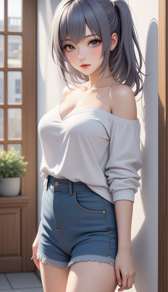 Computer graphics, 1 girl, Serious face,  Red lipstick, Blue-gray hair , , tied in a ponytail on the right , blue eyes,  Off-the-Shoulder Tops, Fashion Skirts  , Tattoo on the thigh , Chest tattoo ,  poses, dynamic , Leaning against the wall, Future City