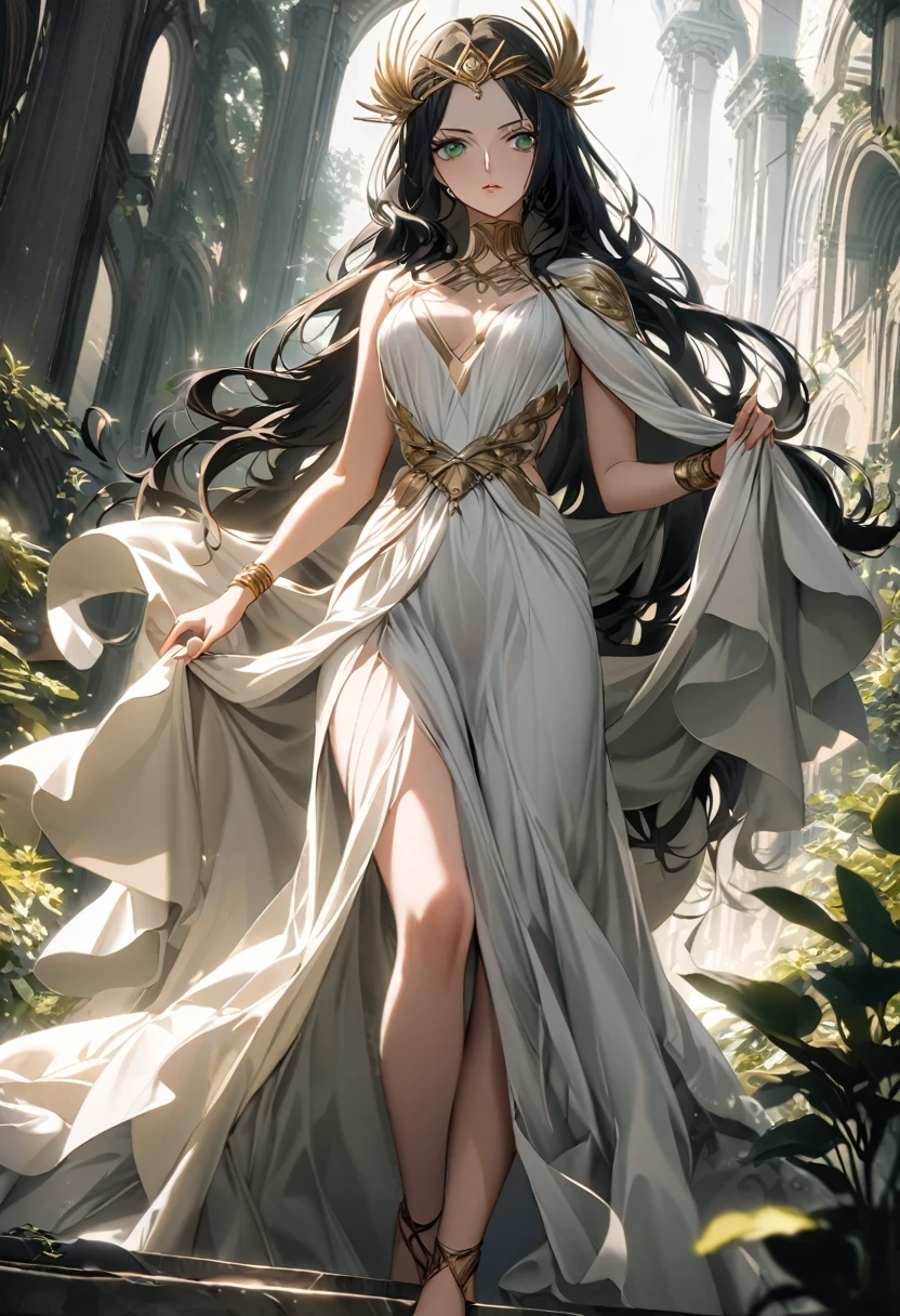  female character one piece , girl,  A woman of striking beauty , with long hair as black as night,  glides through the environment with an ethereal grace .  Her smooth threads fall down to the waist ,  contrasting with her clear skin the intense green eyes that seem to shine in soft light surrounding.  Her delicate and serene features are complemented by dresses inspired by Ancient Greece ,  that enhance her natural elegance .  She wears a flowing white fabric tunic ,  attached to the shoulder by a golden buckle ,  that leaves the arms and a part of the shoulder showing .  The draped fabric embraces her slender figure ,  goes, gently outlining your waist and falling lightly and elegantly to the floor .  The small breasts are discreetly highlighted by the soft cut of the fabric , which suggests ,  without revealing ,  the harmony of her forms . Around the waist,  a gold band adjusts the dress ,  reinforcing the classical influence of the classical influence costume .
On the feet,  she wears simple sandals , also golden,  that complement the style minimalist and timeless clothing .  Her look is finished with thin bracelets on the wrist and a delicate tiara adorning the head ,  evoking the image of an ancient goddess ,  exuding an air of mystery and sophistication that captures glances wherever .