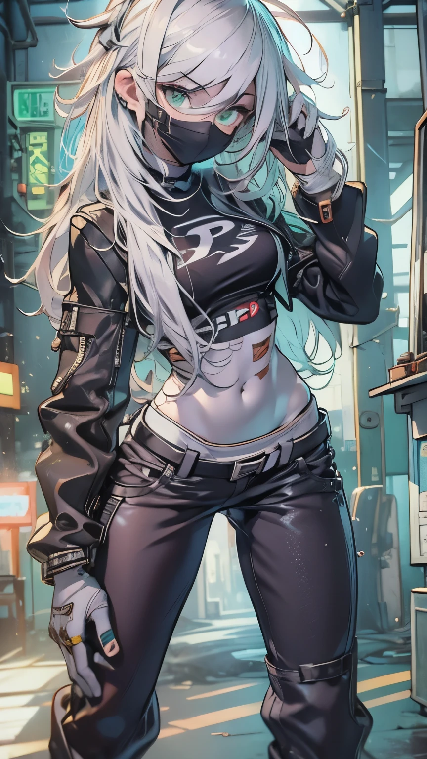 (masterpiece), danny phantom, best quality, green eyes, messy hair, perfect face, highres, 1girl, solo, (female:1.5), cute, white hair, long hair, white fingerless gloves, black t shirt, leather jacket, jeans, indoors, cute pose, cowboy shot, looking at the viewer, fullbody shot, long boots, 
Alta resolução, Detalhes altos, Super detalhe, ultra detailed face