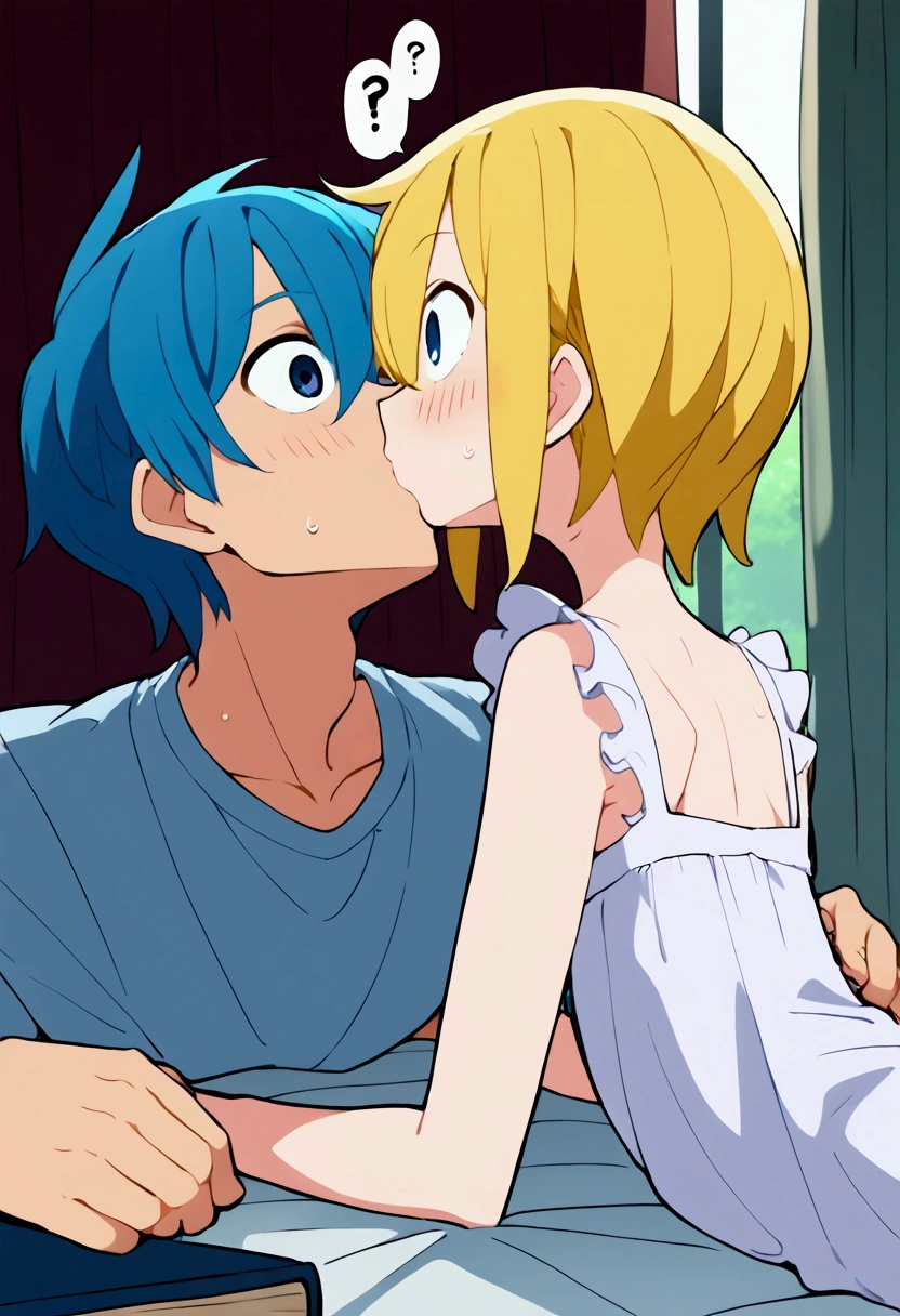 score_9, score_8_up, score_7_up, rating_explicit, source_anime, General, !, !!, !?, 2boys, arm support, bed sheet, blonde hair, blue eyes, blue hair, blush, book, closed mouth, eyes closed, curtains, frills, hair between eyes,  heart, indoors, kiss, bara, lying, male focus, multiple boys, nightgown, on bed, on stomach, open book, shirt, short hair, sound effects, sparkle, speech bubble, surprised, sweat, white nightgown, wide-eyed, yaoi, amazing quality, best aesthetic, game cg, official art, wallpaper, absurdres, high-res, concept art