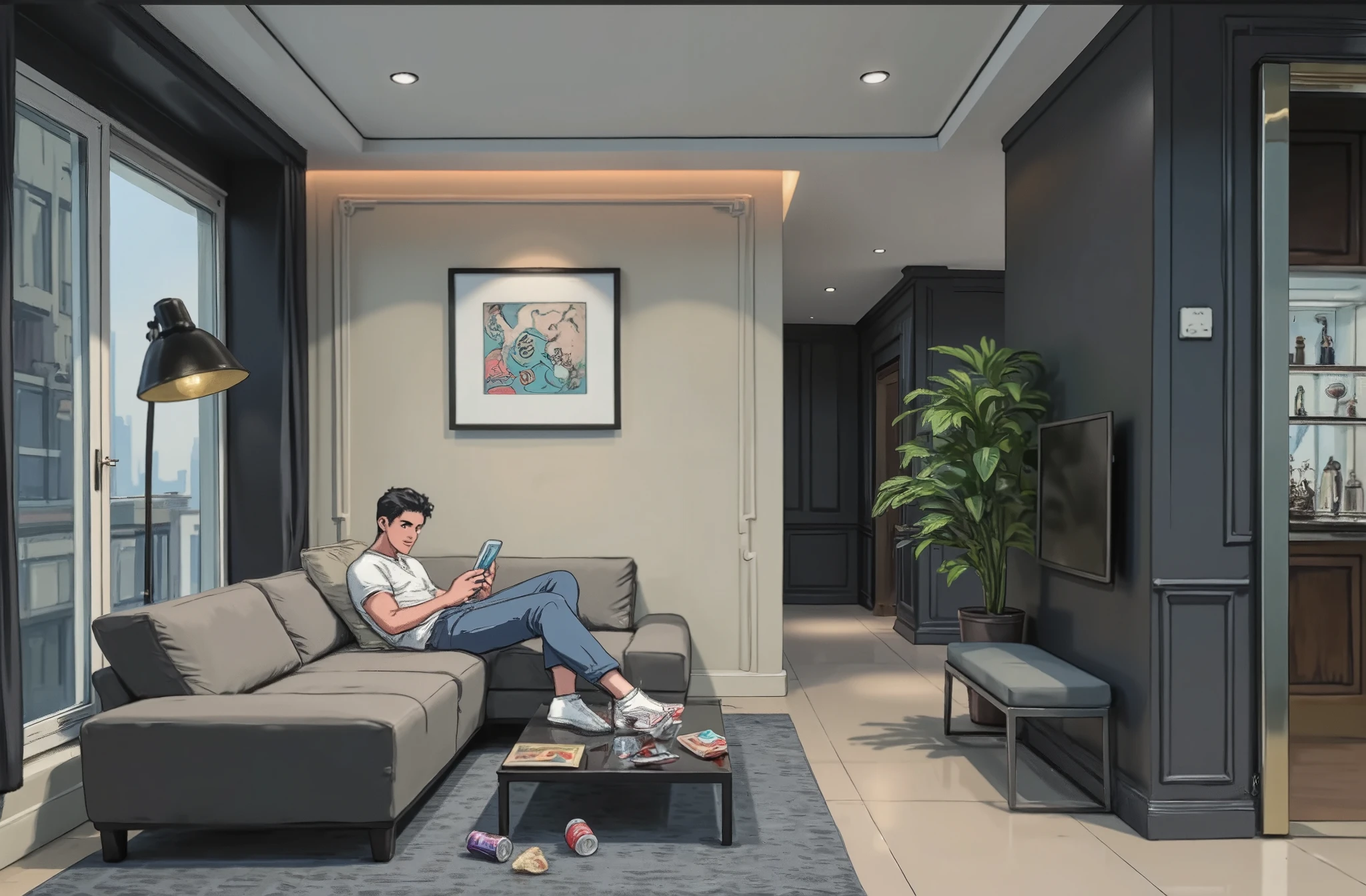 Retro anime style, RonaldoFace sitting in rich big room RichStudio on a grey sofa with his feet up on the table, looking at his iPhone, wearing a white T-shirt and blue jeans and white Convers, figure like Cristiano Ronaldo. There are chips and empty cans of Red Bull on the table.