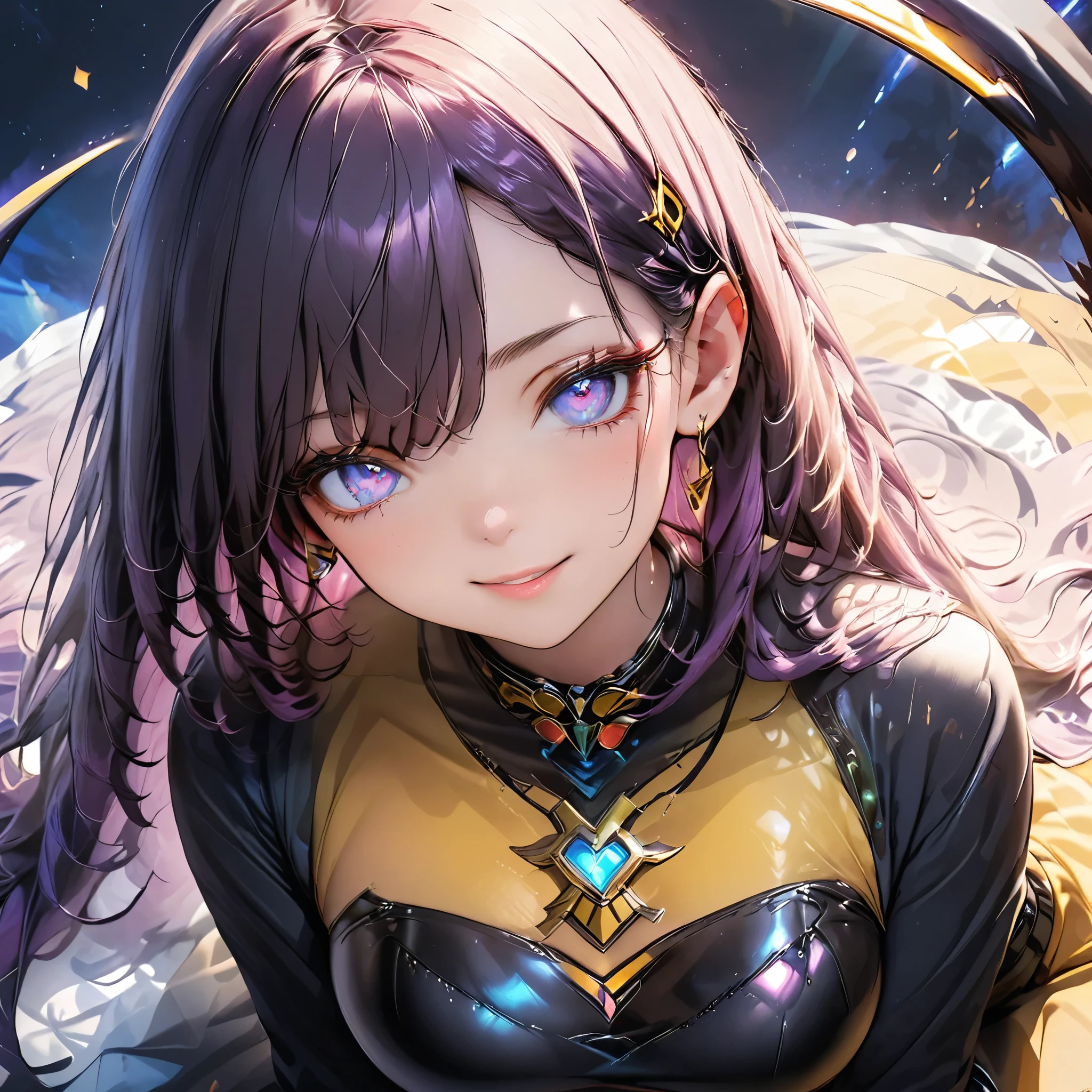 Masterpiece, 4K, HDR, full HD, (best quality), (ultra detailed), (only), intricate ANIME TYPE, best quality, 1girl, deep purple hair , hyper beautiful face, purple hair, perfect anatomy, shiny skin, full body, alone (shiny purple hair, long hair), looking at viewer, perfect hands, perfect legs, super detailed clothes, intricate clothes, hyper detailed cloths, super detailed face, super detailed skin, super detailed quality, expressive eyes, blue eyes, super detailed eyes, JK, epngekatsuragimisato , SDXL Illustration Design Beautiful Girl Two-dimensional Pretty Girl Digital Painting Comic Ukiyo-e Watercolor Manga Other,ROUGH, smile, blushing, dynamic pose, American shot, cowboy shot, portrait quality, super SETAI,
Imagine an outfit that combines the agility of Power Rangers with the dark mysticism of Umbreon. The suit is tight-fitting and black, with shiny golden yellow details forming circles on the arms, legs and torso, evoking Umbreon's luminous rings. The Power Ranger-style helmet has long, pointed ears, similar to Umbreon's, with a dark visor. On its back, a black tail with a yellow band protrudes. The belt is metallic with a lunar emblem in the center. The gloves and boots are reinforced with yellow details, giving it an elegant, stealthy and powerful look. The entire outfit she wears is latex type, an outfit that is super tight to her slender body,