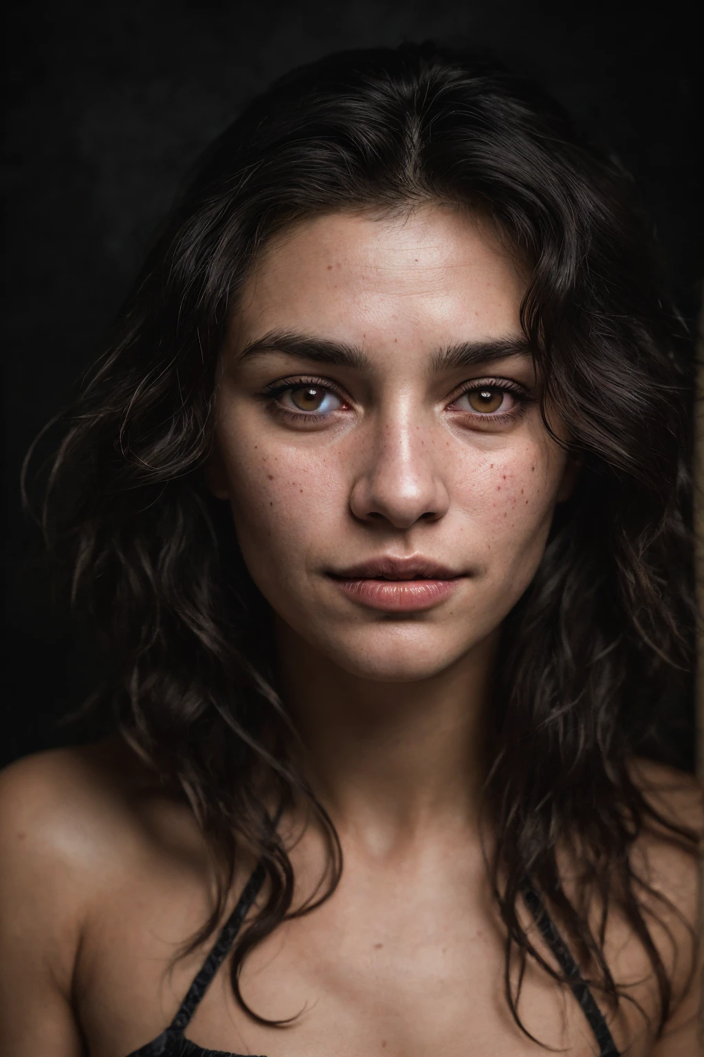 (Close-up, editorial photograph of a 30 year old man), (highly detailed face:1.4) (smile:0.7) (background inside dark, moody, private study:1.3) POV, by lee jeffries, nikon d850, film stock photograph ,4 kodak portra 400 ,camera f1.6 lens ,rich colors, hyper realistic ,lifelike texture, dramatic lighting , cinestill 800, wavy hair, messy hair, Mischievous smirk, Black hair, Brown Eyes, White Skin, Vampire, Kapaneus, Black Bikini, Astral Plane, European expressions, European woman, European skin